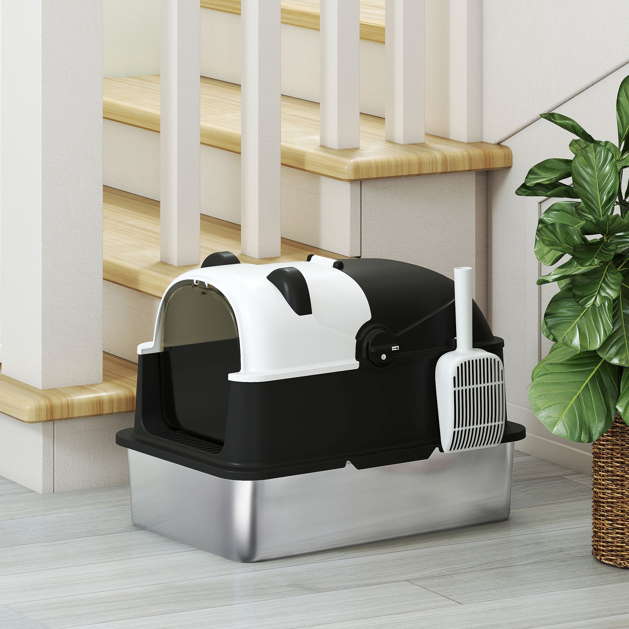 PawHut Panda Style XL Stainless Steel Cat Litter Box with Lid, Enclosed Kitty Litter Box with Scoop, 60 x 40 x 45 cm