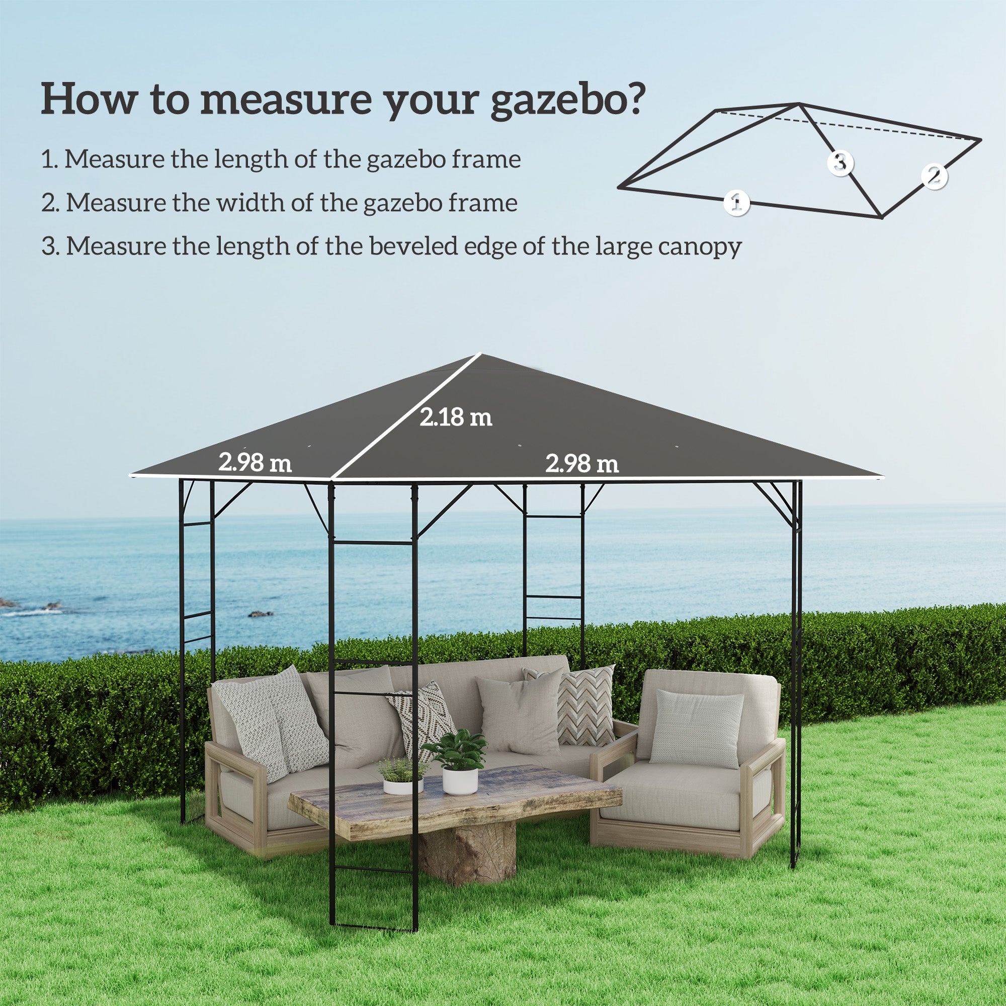 Outsunny 3 x 3(m) Gazebo Canopy Replacement Cover, Garden Gazebo Roof Replacement with Drain Holes, Water Resistant PVC Coating, 370g/\'e3\'8e\'a1, UPF30+, TOP COVER ONLY, Grey