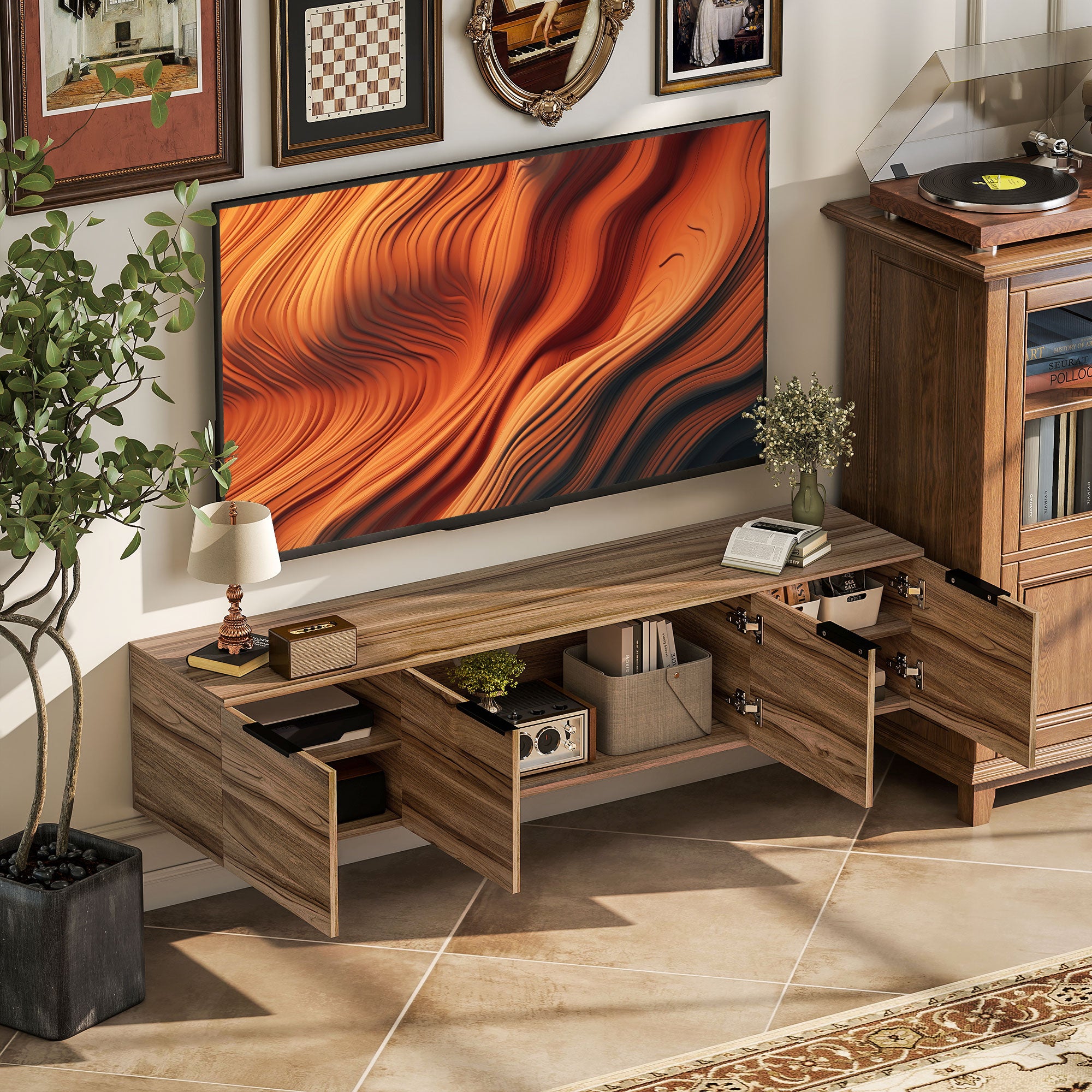 HOMCOM Floating TV Unit, 150 cm Wall Mounted TV Stand Cabinet with Shelves and Doors, Entertainment Media Console for Living Room, Bedroom, Rustic Brown