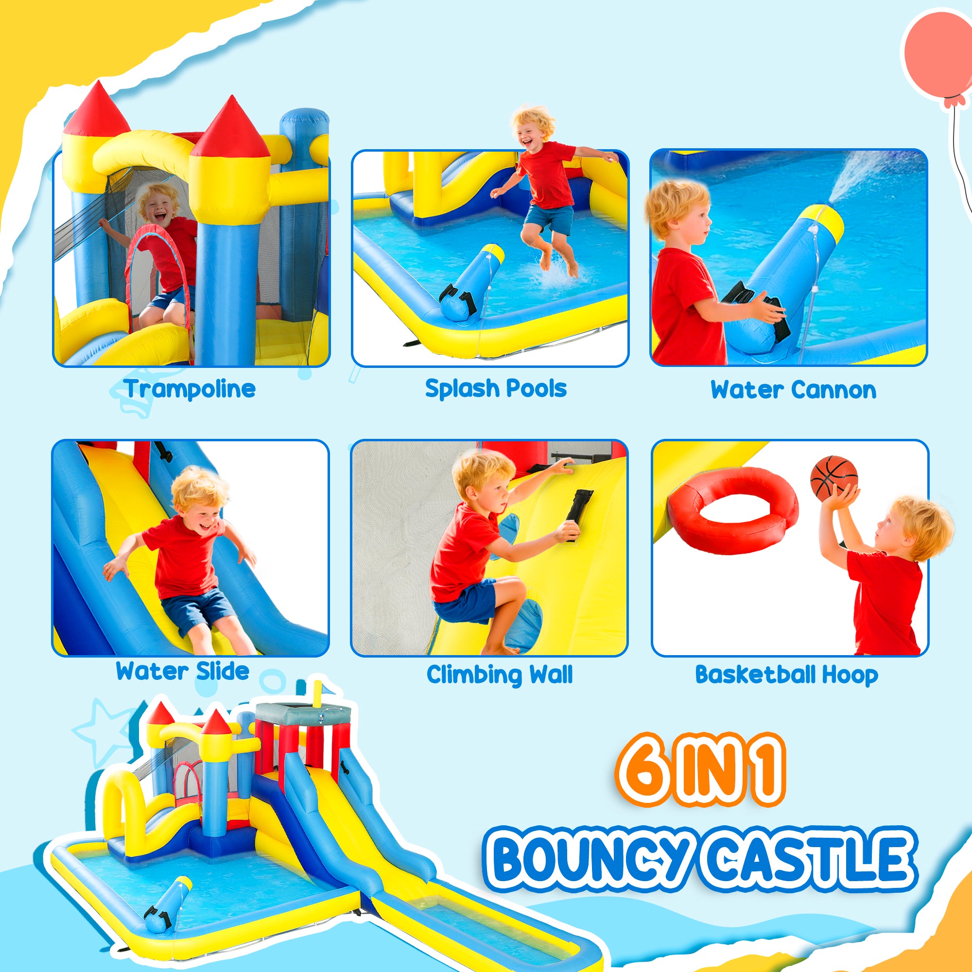 AIYAPLAY Inflatable Bouncy Castle, Kids Water Bounce House 6 in 1 with 550W Blower, 2 Slides for Garden, Party, Outdoor Indoor