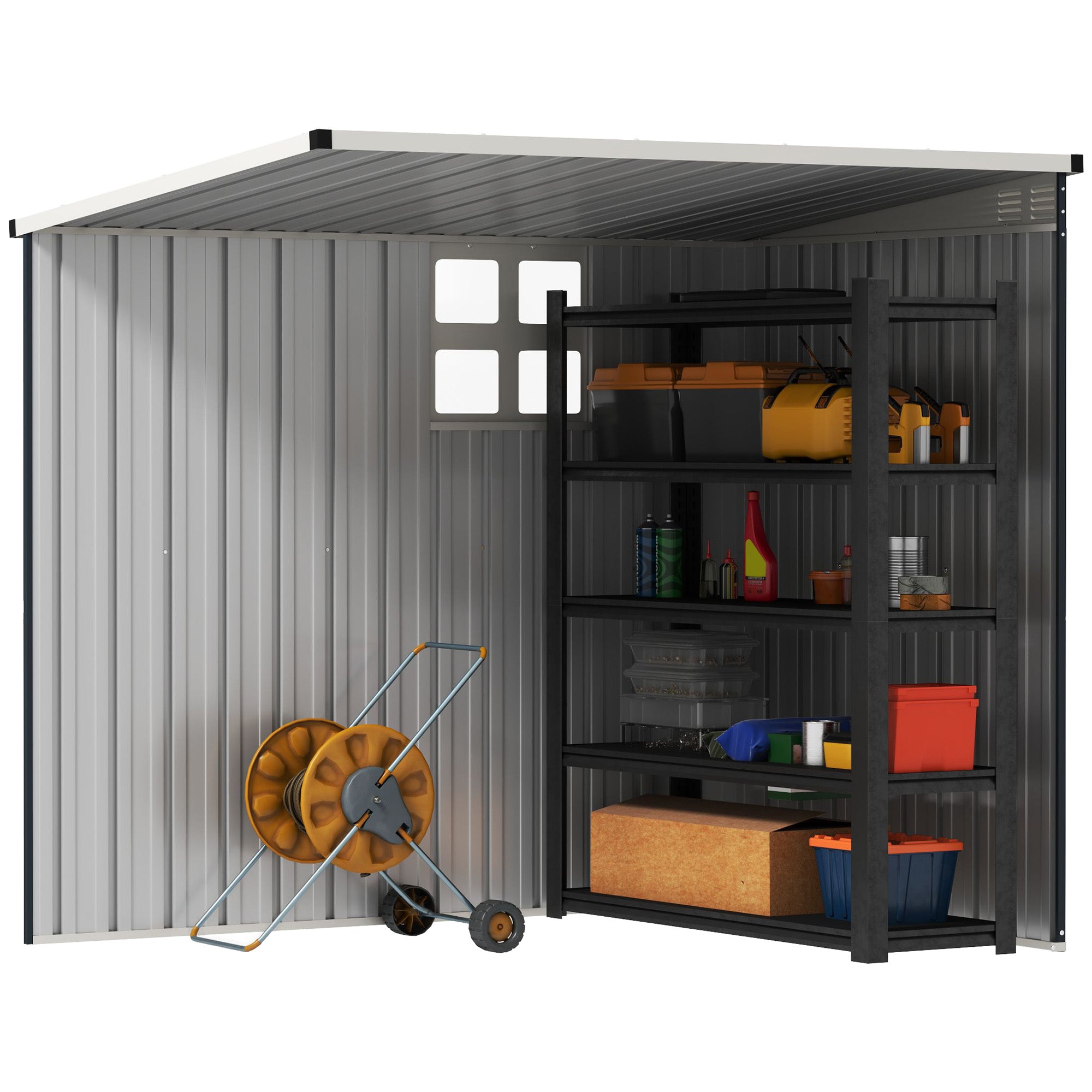 Outsunny 4 x 6ft Garden Metal Shed, Outdoor Storage Shed with Window, 2 Vents and Lockable Door for Garden, Patio, Dark Grey