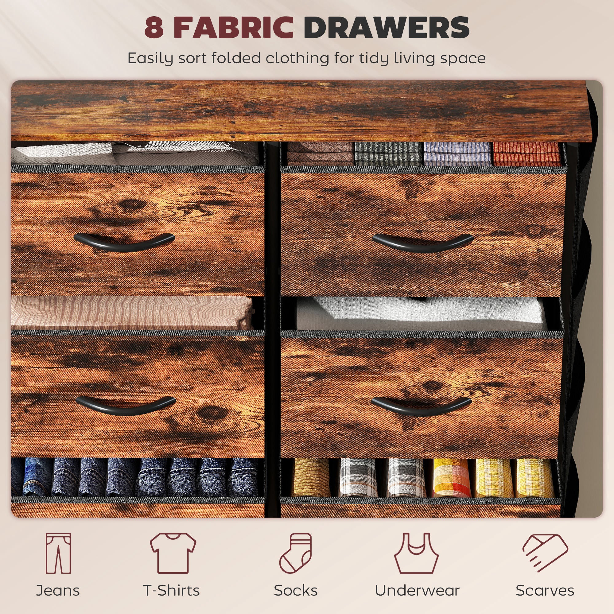 HOMCOM Chest of Eight Fabric Drawers - Rustic Brown