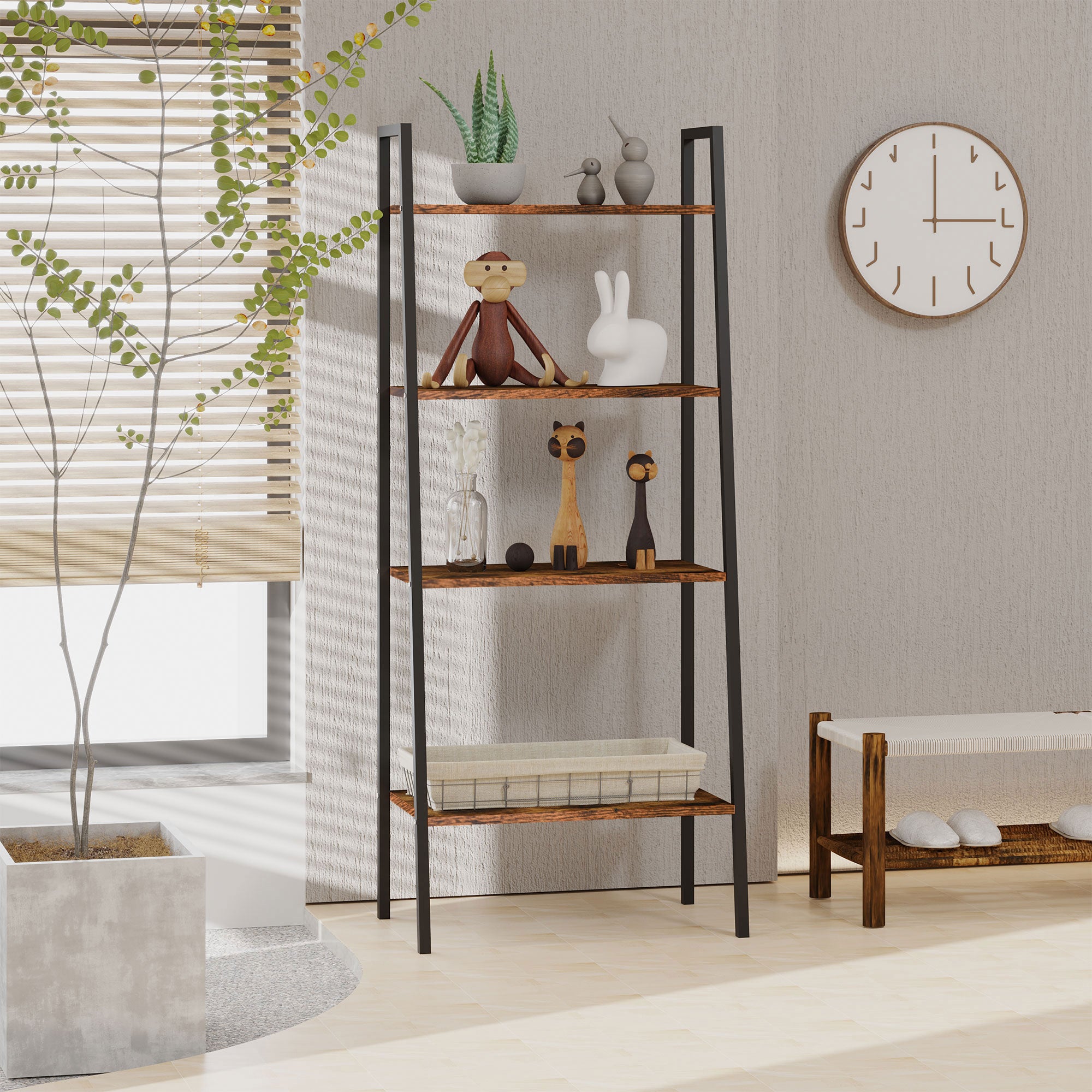 HOMCOM Bookcase 4-Tier Vintage Ladder Shelf with Wood Storage Rack, Stand Plants Display, Black and Brown