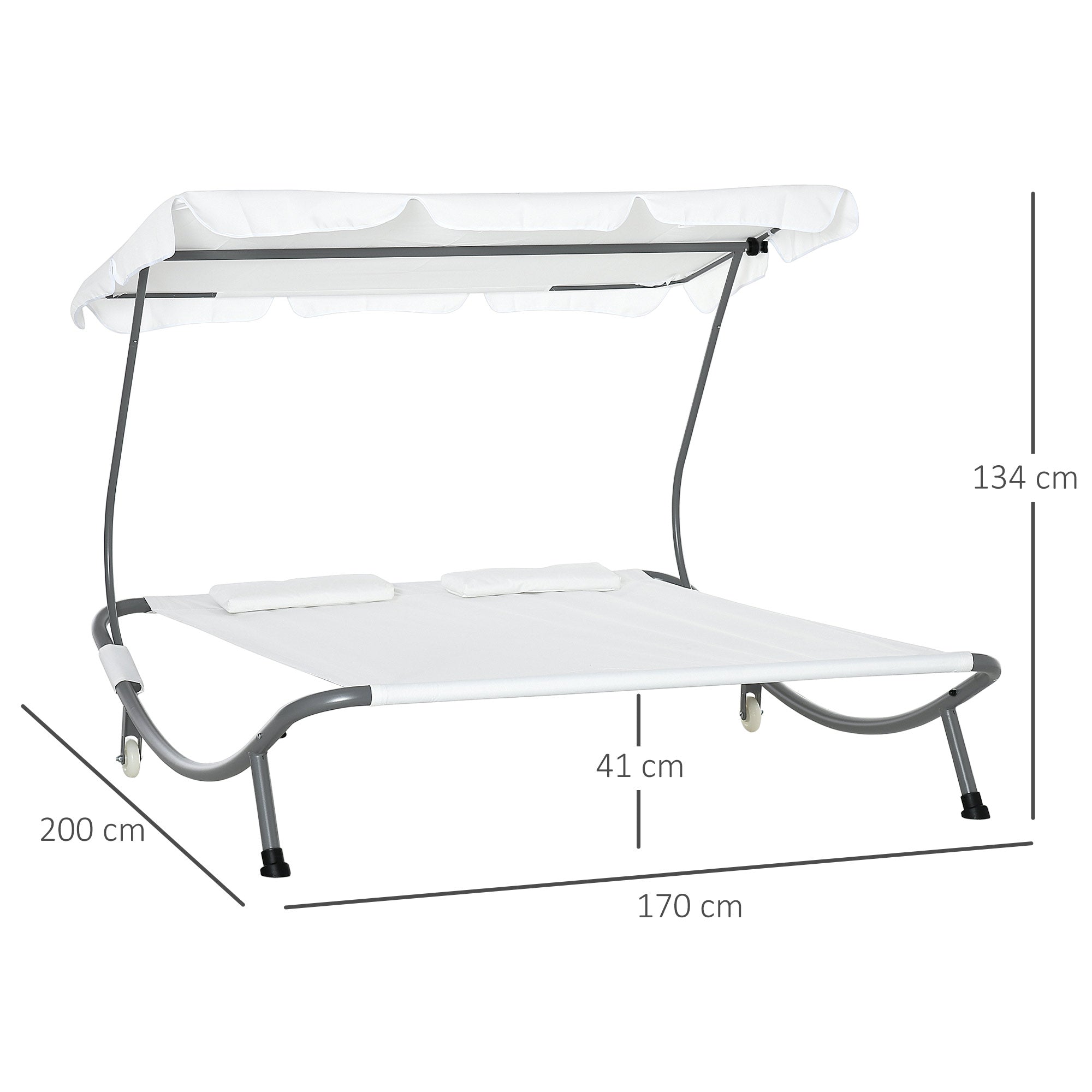 Outsunny Double Hammock Sun Lounger Bed with Canopy Shelter, Wheels & 2 Pillows, White