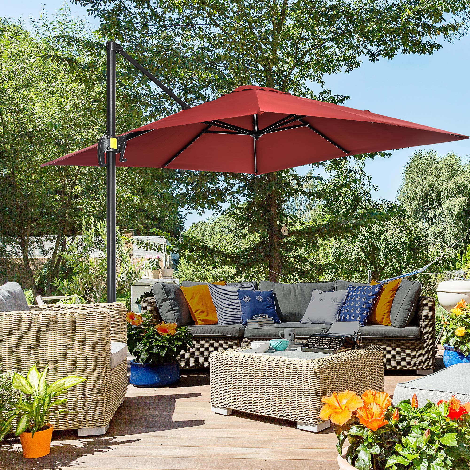 Outsunny 2.5 x 2.5m Patio Offset Parasol Umbrella Cantilever Hanging Aluminium Sun Shade Canopy Shelter 360\'c2\'b0 Rotation with Crank Handle and Cross Base, Wine Red