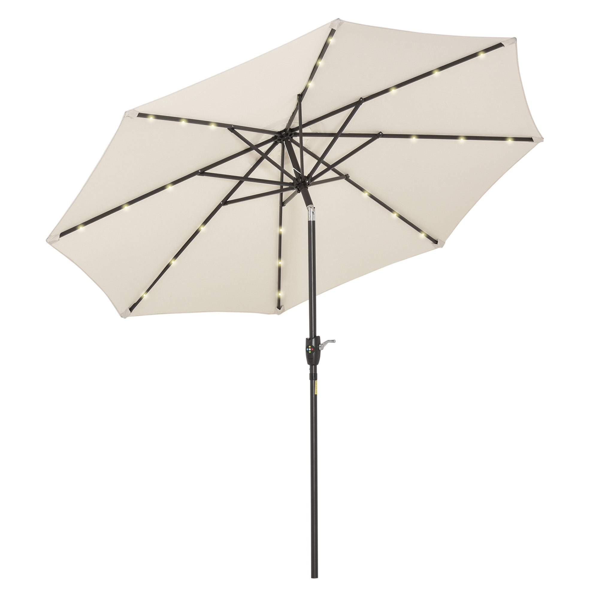 Outsunny Φ2.7m Garden 24 LED Light Parasol Solar Outdoor Tilt Sun Umbrella Patio Club Party Event Manual Sun Shade w/ Hand Crank and 8 Ribs, Off-white