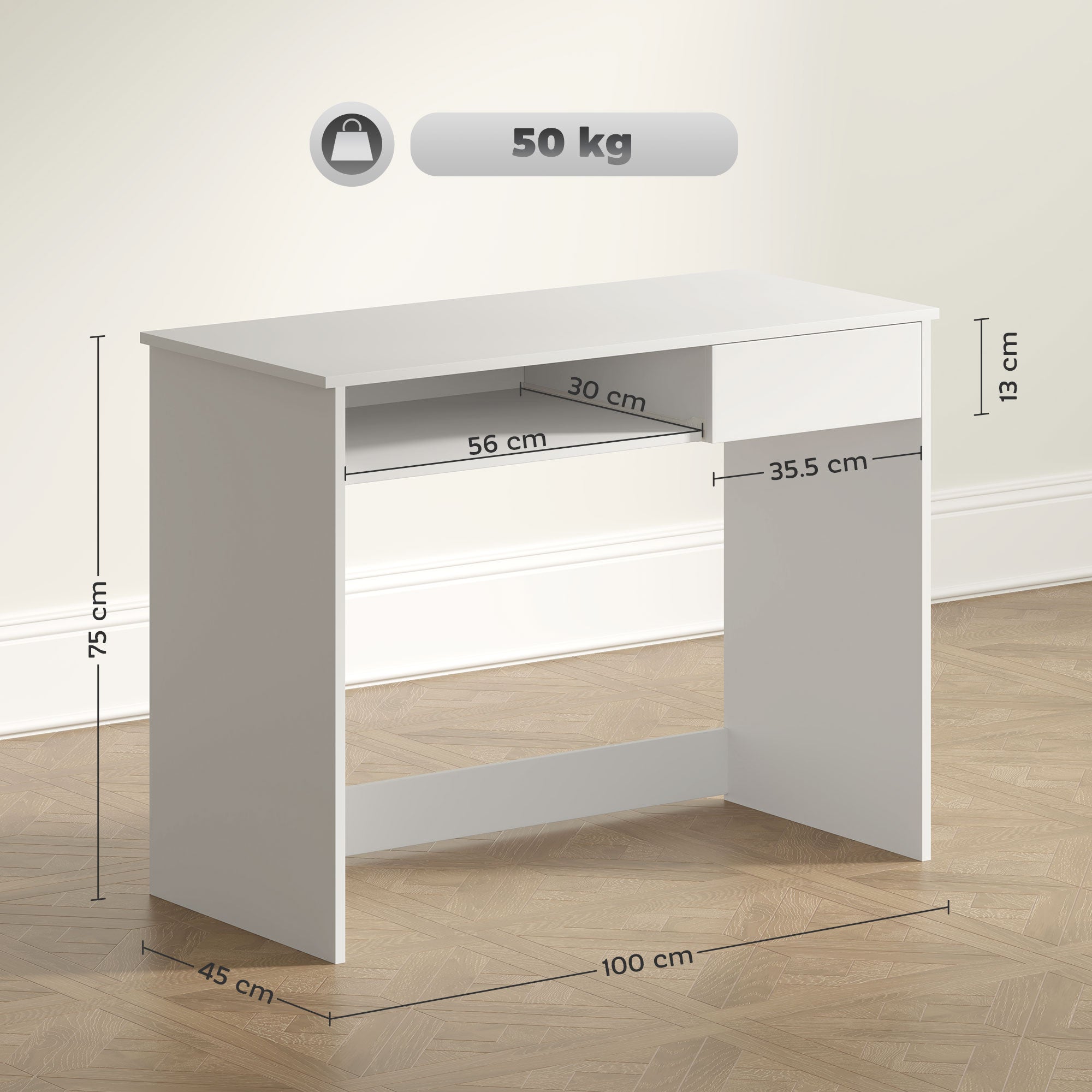 HOMCOM Compact Computer Desk with Keyboard Tray, Home Office Desk with Drawer for Bedroom Study, White