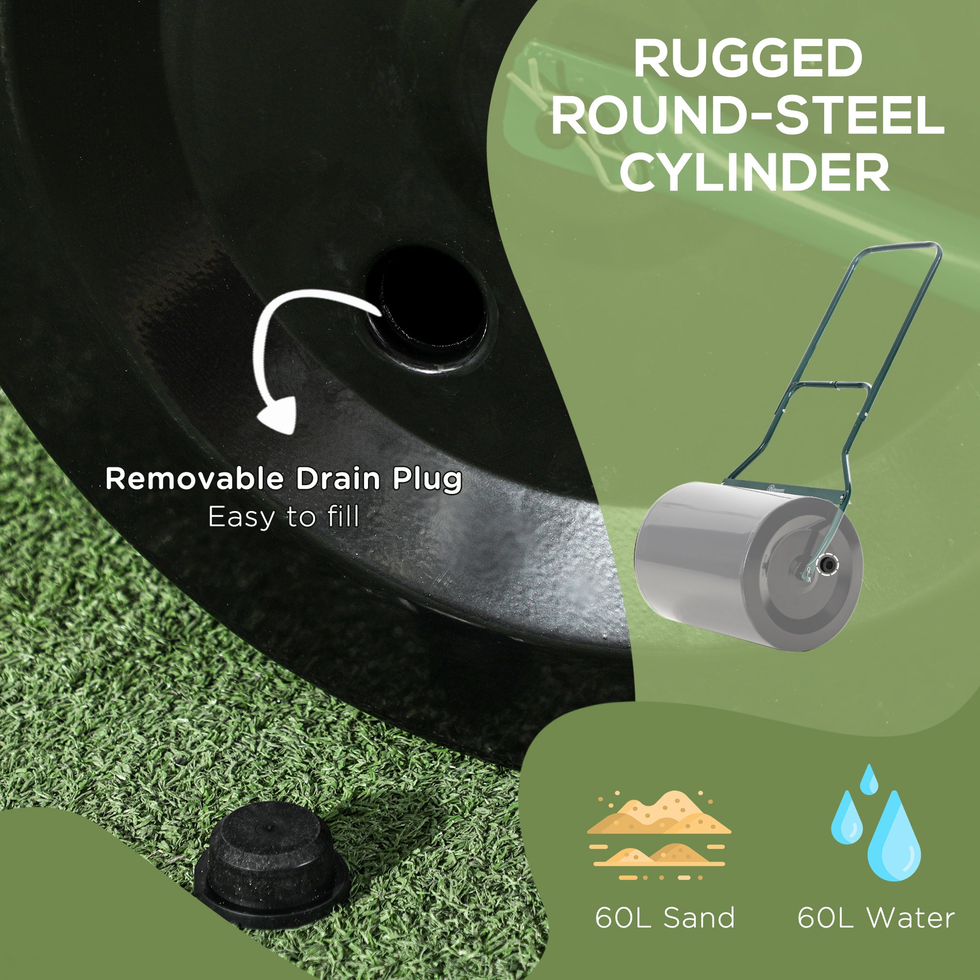 Outsunny φ50cm Steel Garden Lawn Roller Push Pull w/ Fillable Cylinder Water Sand Plug Lawn Flatten Seed Sow Rolling Drum w/ Handle