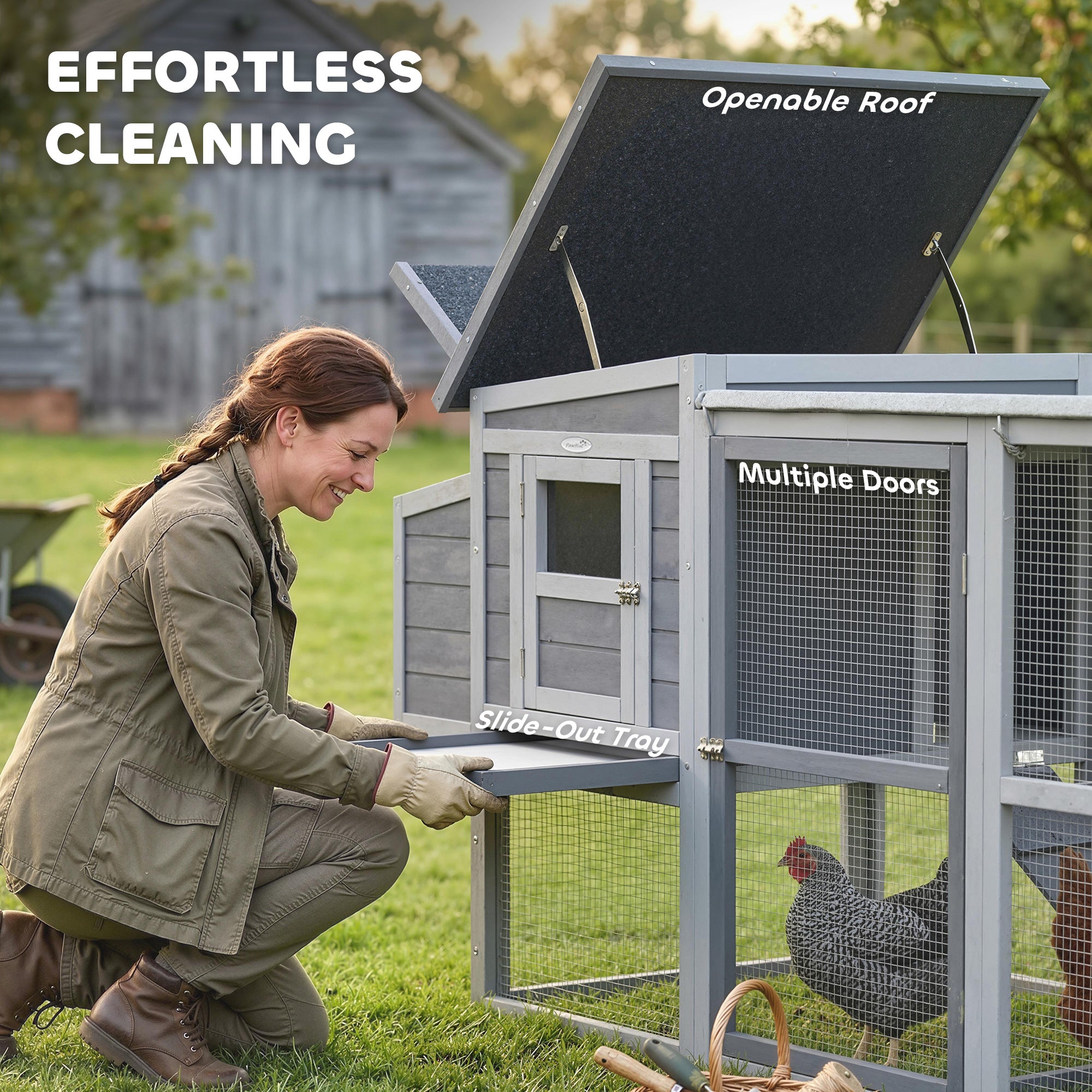 PawHut Large Chicken Coop, Wooden Hen House with Covered Run, Nesting Box, Pull-Out Tray, Opening Asphalt Roof