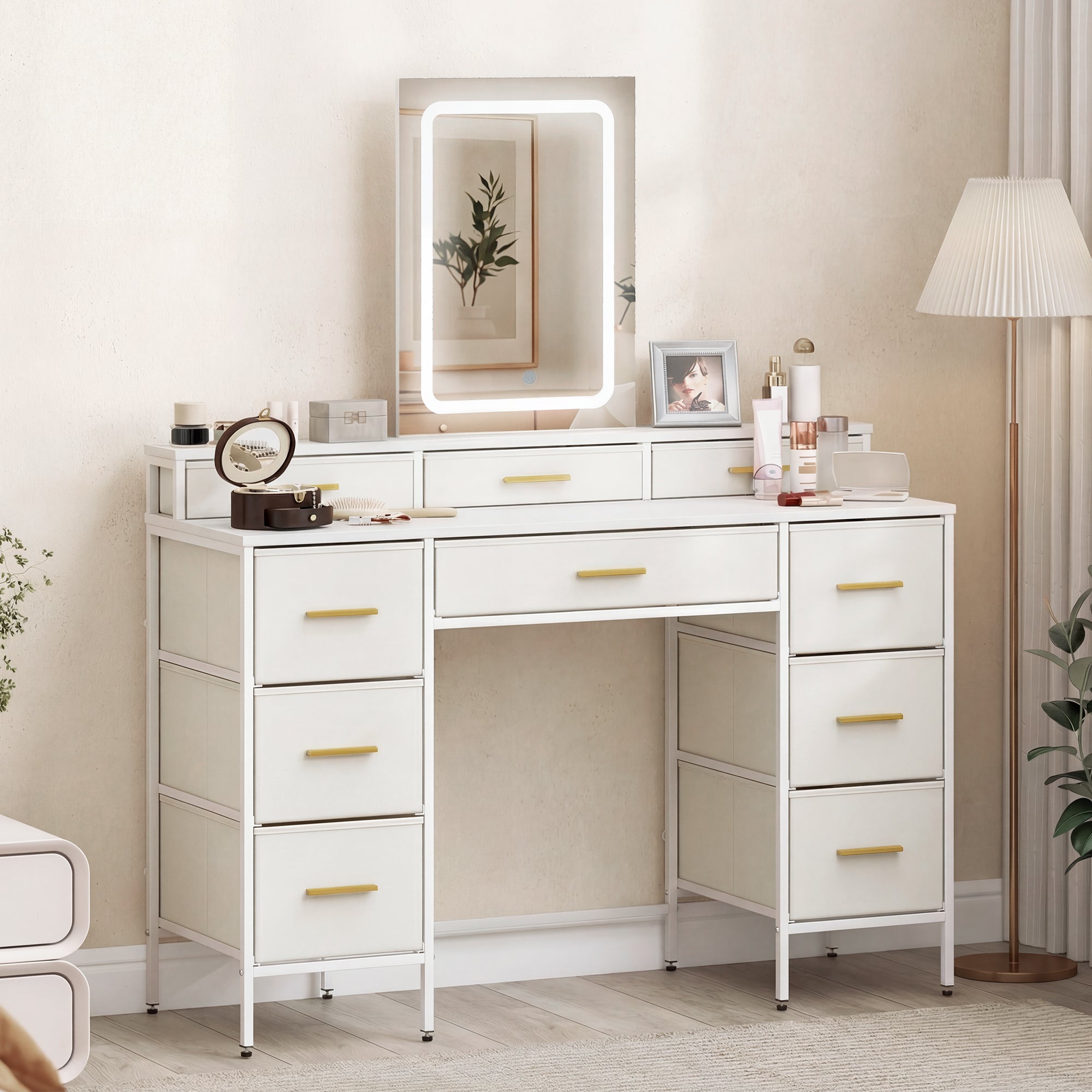 HOMCOM Multi-Storage Elegant Dressing Table, with LED Mirror - White