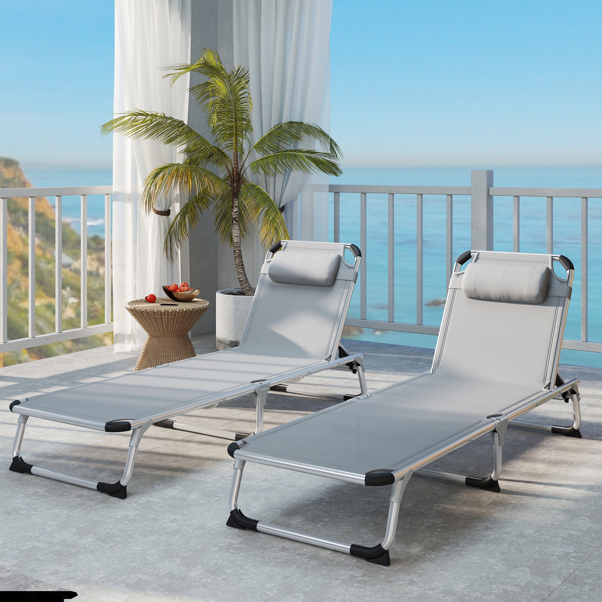 Outsunny Foldable Outdoor Sun Lounger Set of 2, Reclining Lounge Chair Camping Bed Cot with Pillow 4-Level Adjustable Back Aluminium Frame, Light Grey