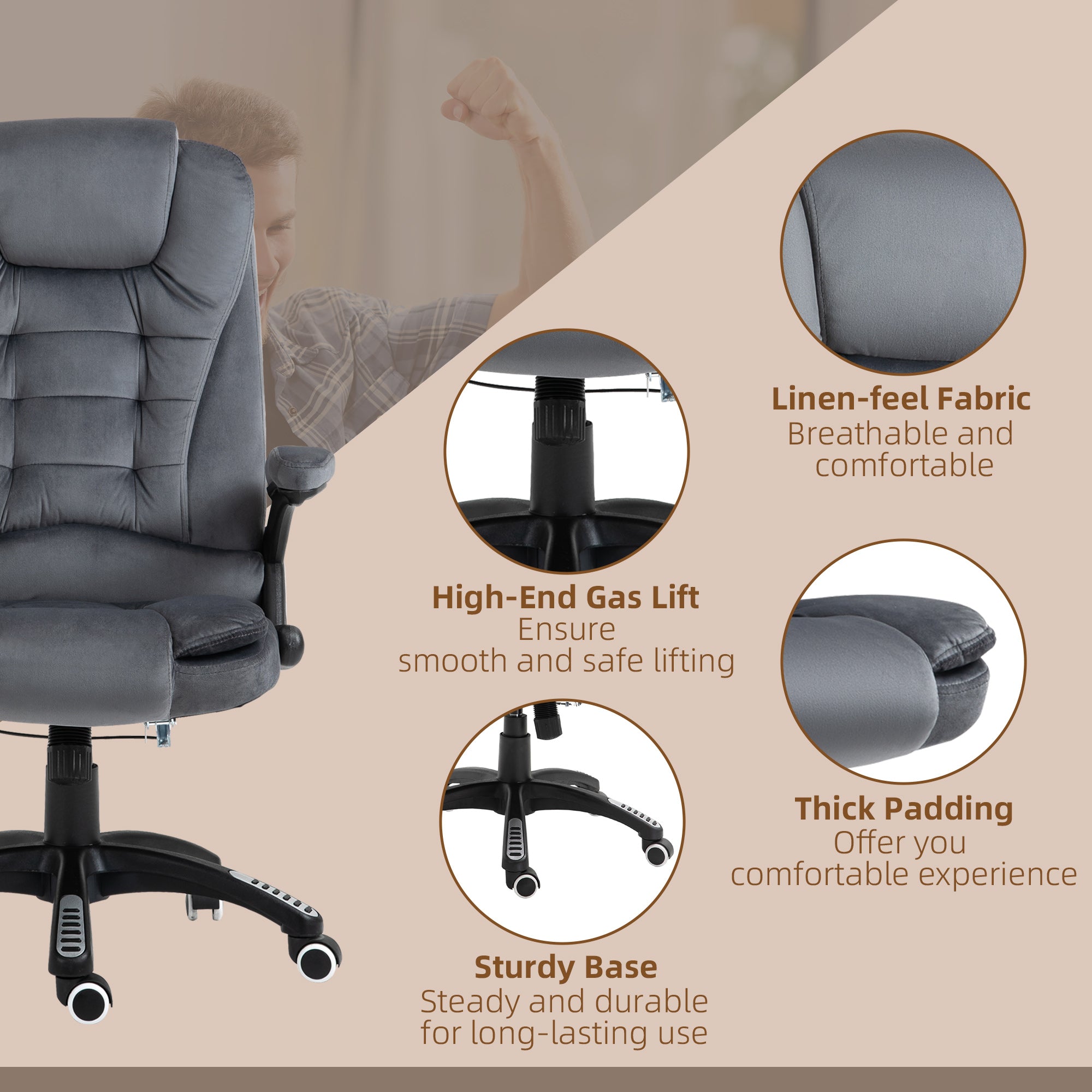 Vinsetto Massage Recliner Chair Heated Office Chair with Six Massage Points Velvet-Feel Fabric 360\'c2\'b0 Swivel Wheels Grey