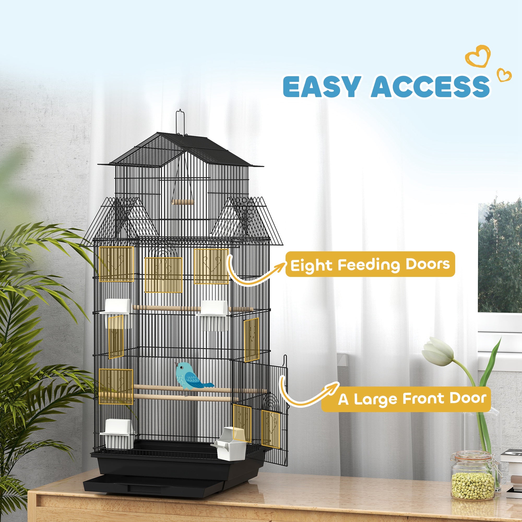PawHut Metal Bird Cage with Plastic Swing, Perch, Food Container, Tray, Handle, for Finches, Canaries, 43 x 32.5 x 104cm