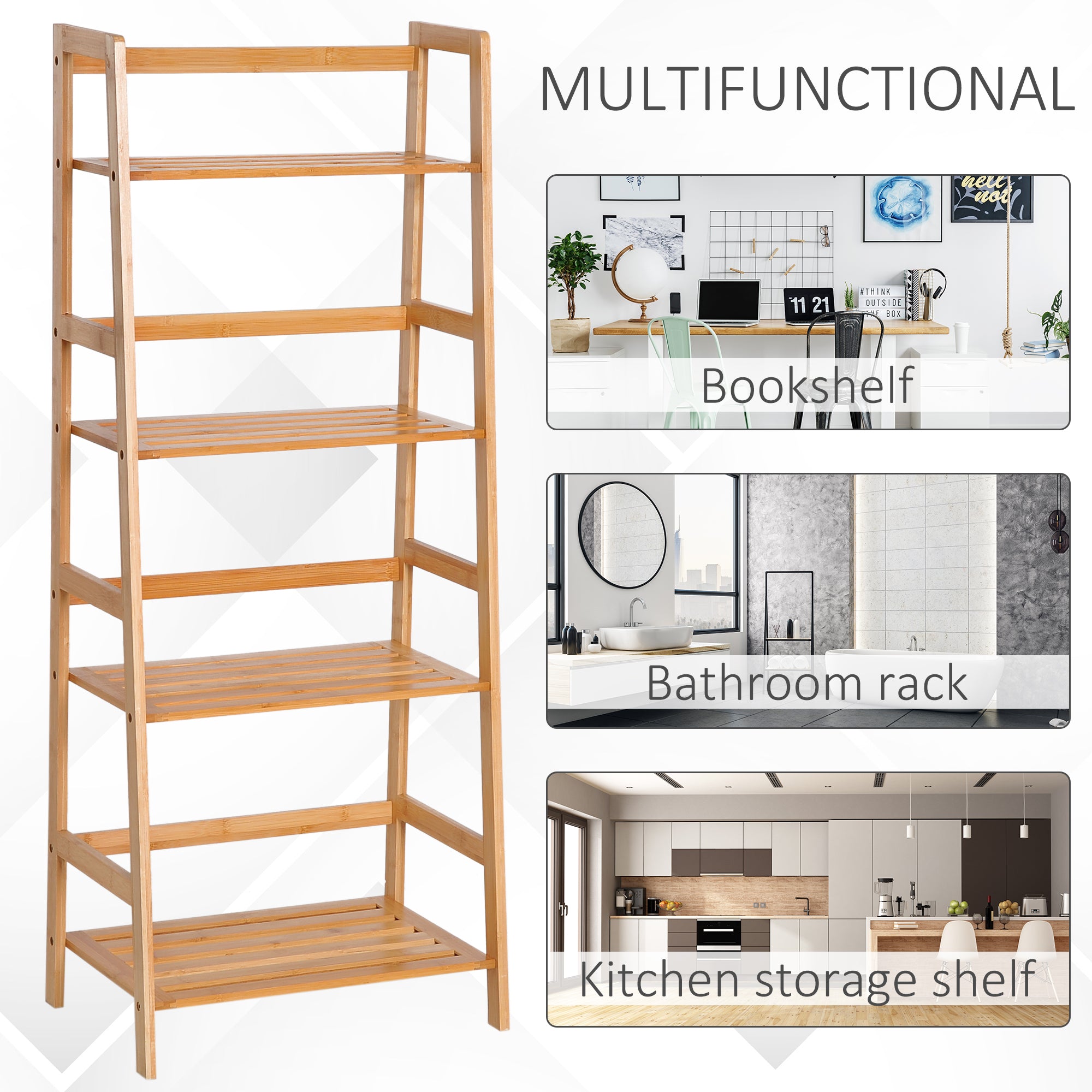 HOMCOM Bamboo Ladder Shelf, 4-Tier Bookshelf, Freestanding Bookcase for Living Room, Study, Bedroom, Home Office, 48 x 31.5 x 120cm, Natural Wood Effect