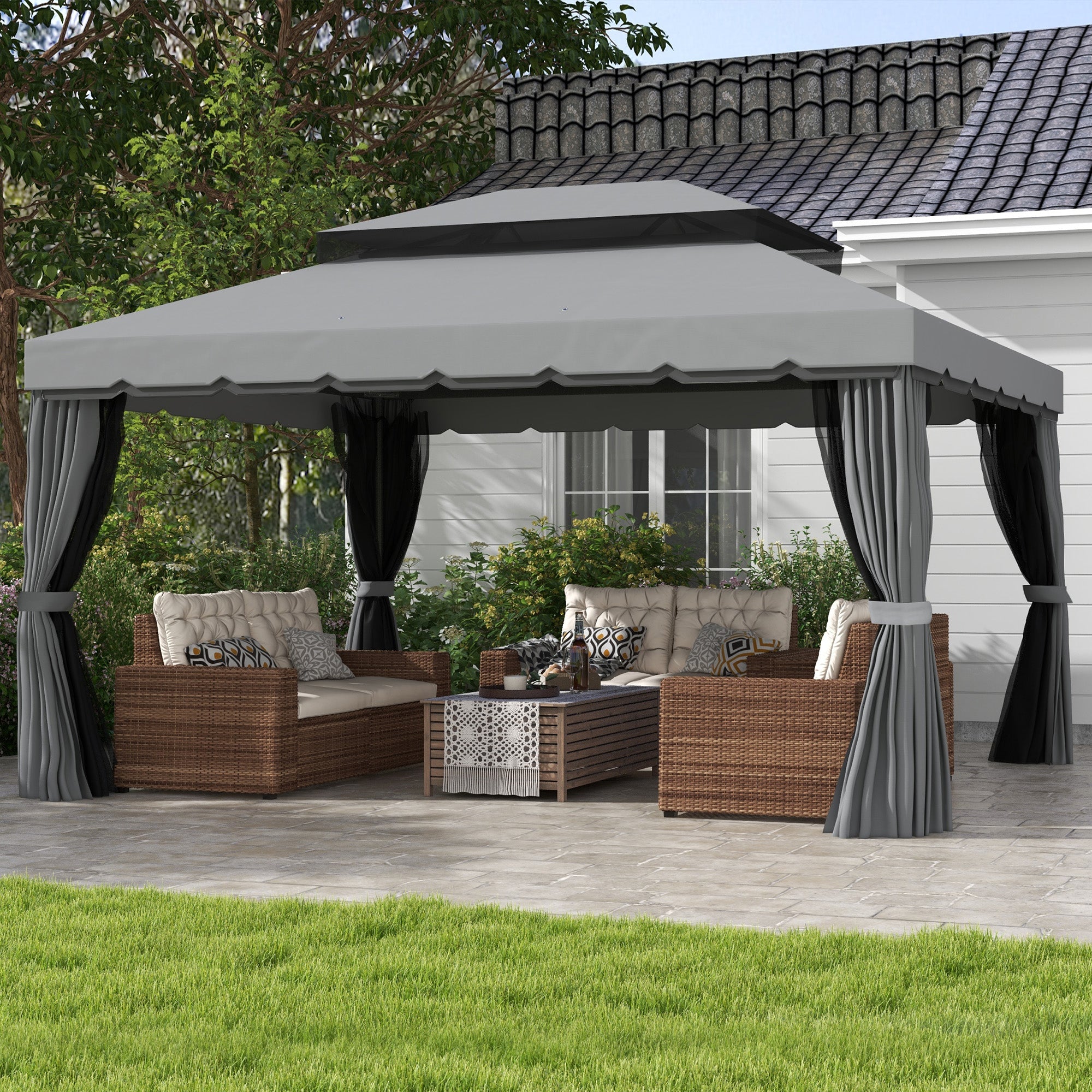 Outsunny 3 x 4m Aluminium Garden\'c2\'a0Gazebo, Marquee Canopy Shelter Pavilion Party Tent with Nets and Curtains for Garden and Deck, Light Grey