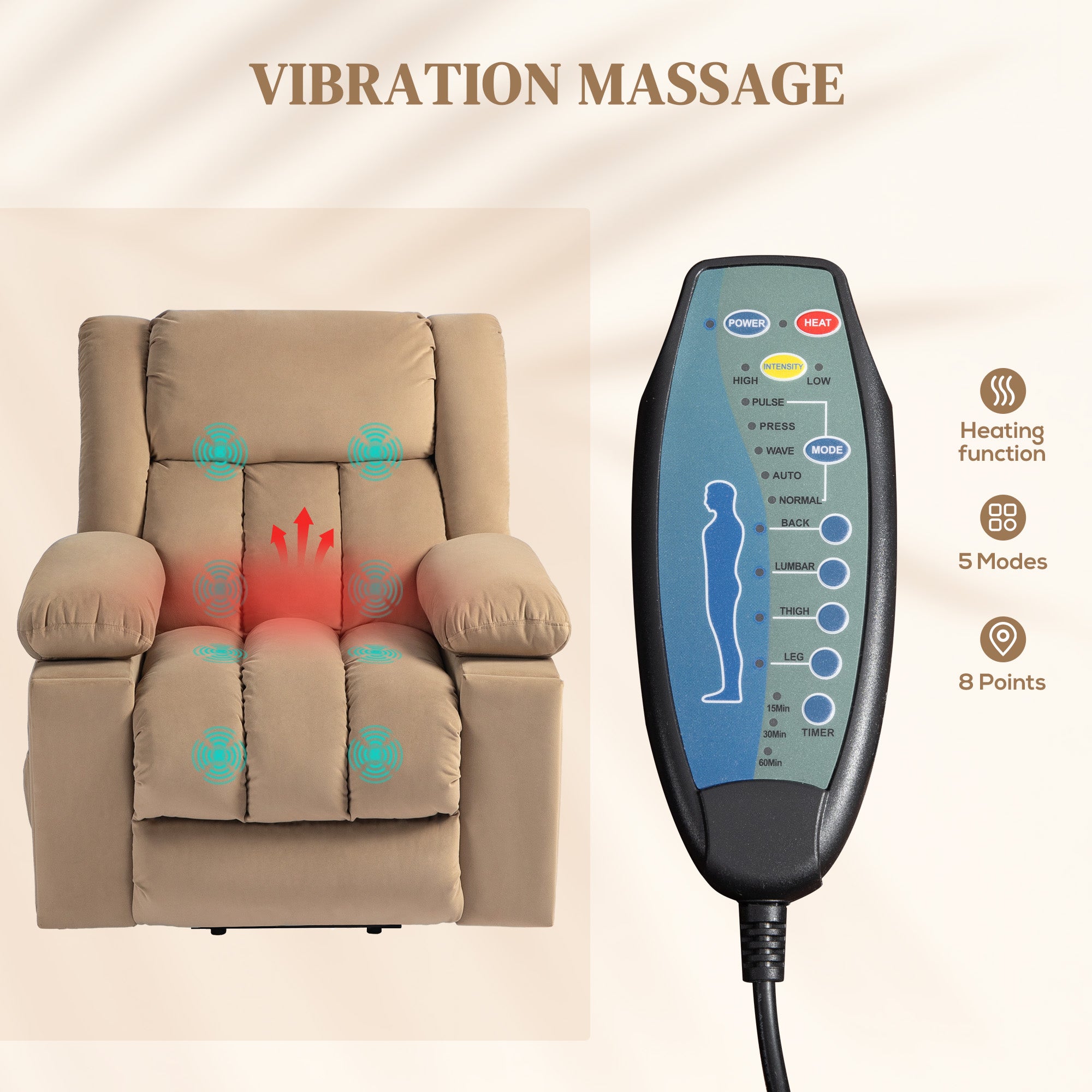 HOMCOM Velvet-Feel Electric Riser, Recliner and Massage Armchair - Light Brown