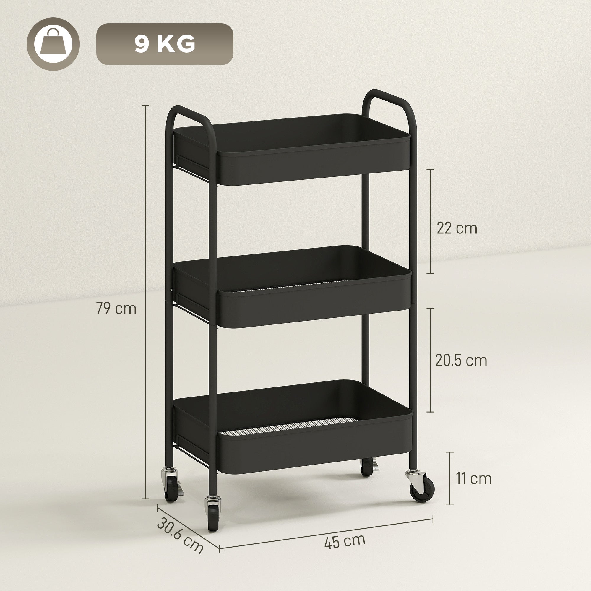 HOMCOM Three-Tier Steel Storage Trolley - Black