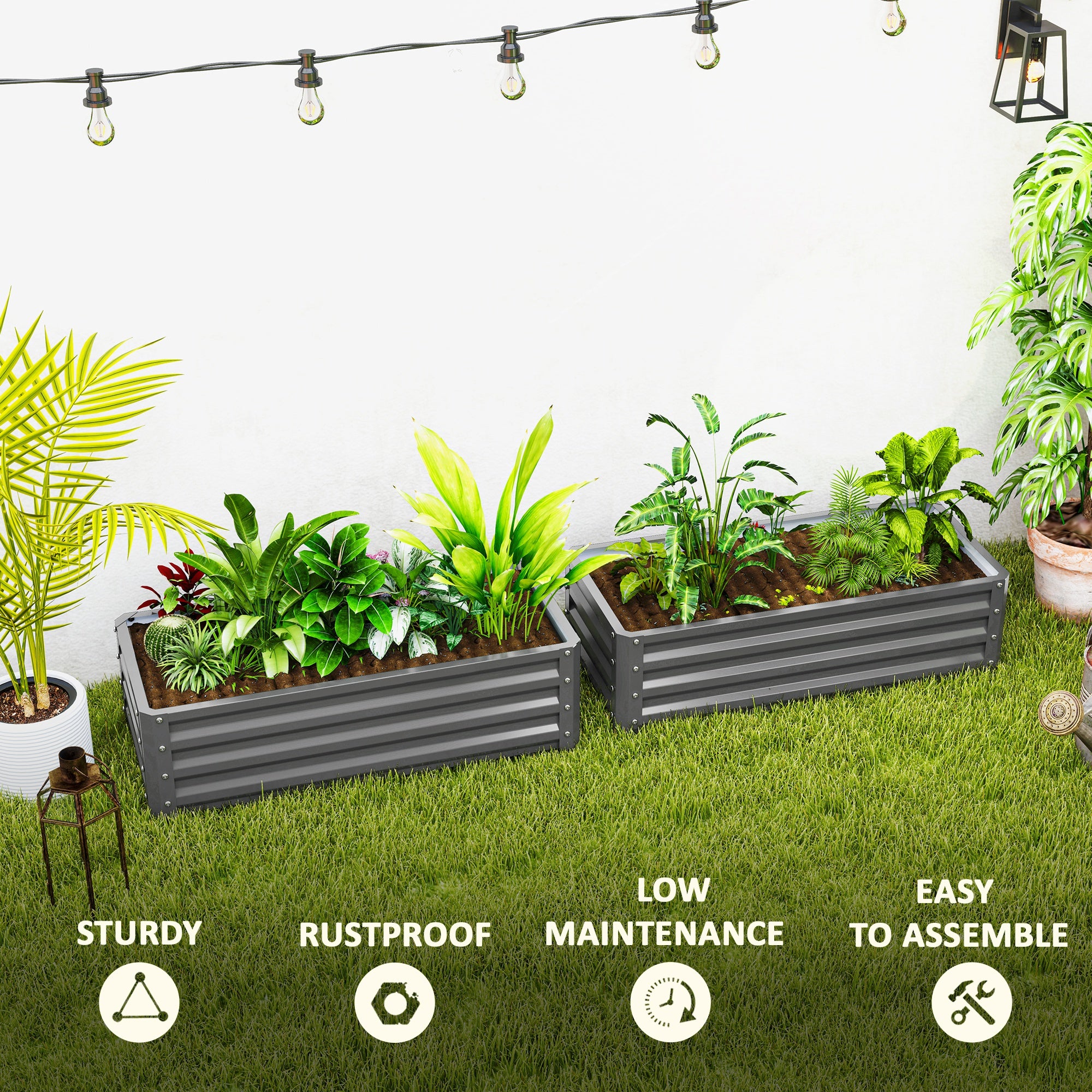 Outsunny Set of Two 110 x 50cm Steel Planter Boxes - Light Grey