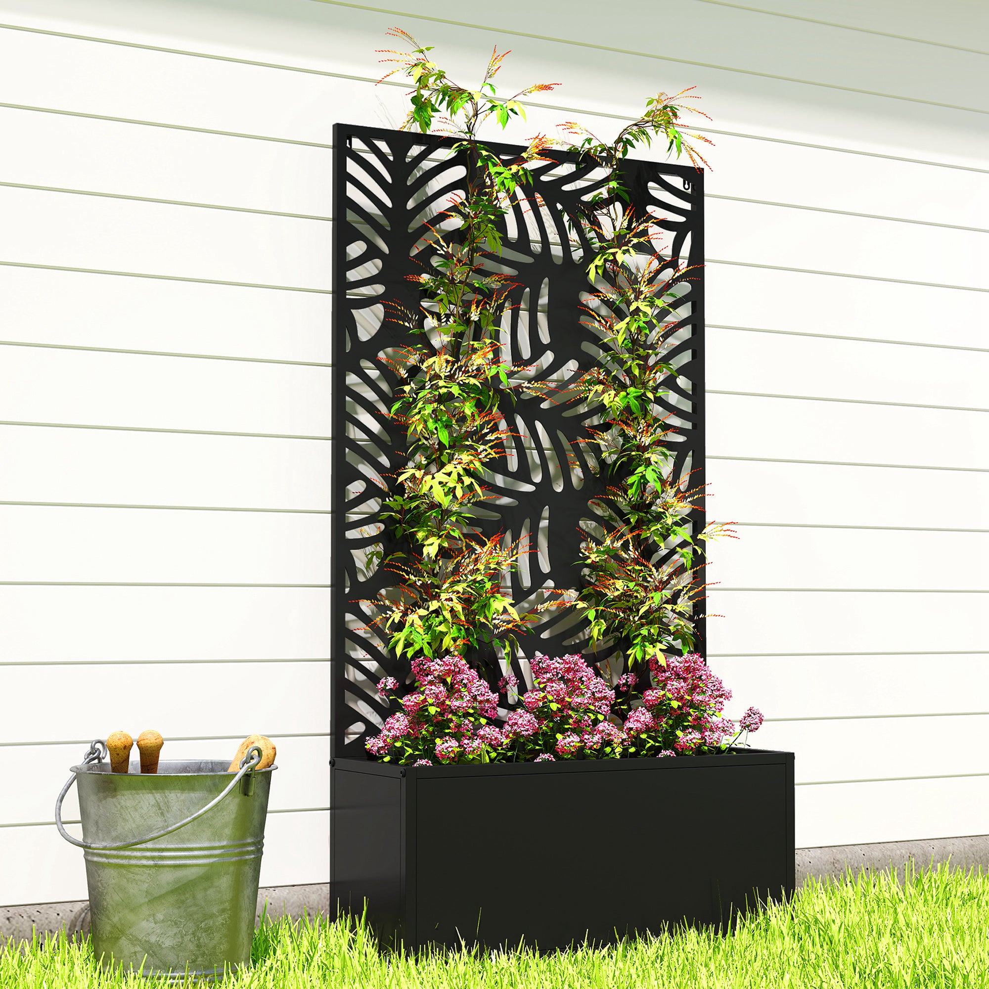 Outsunny Metal Garden Bed for Garden with Trellis, Wall Mounted or Freestanding Raised Planter with Privacy Screen