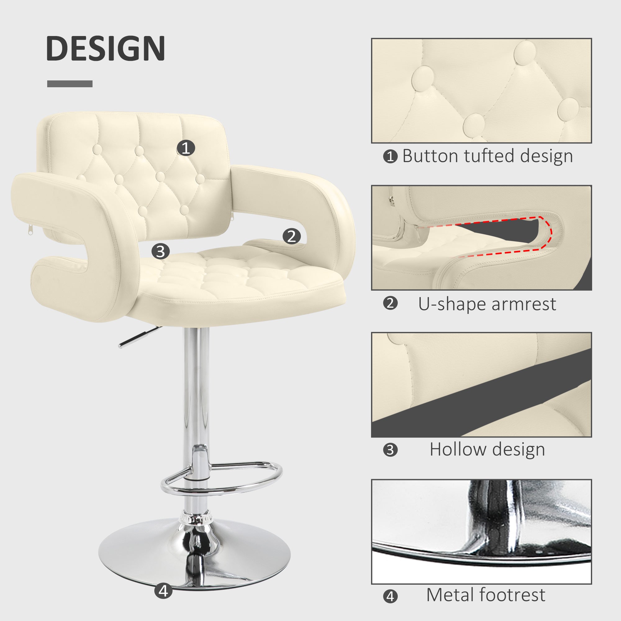 HOMCOM PU Leather Upholstered Swivel Bar Stool, Height Adjustable with Back, Armrest, Footrest, Beige