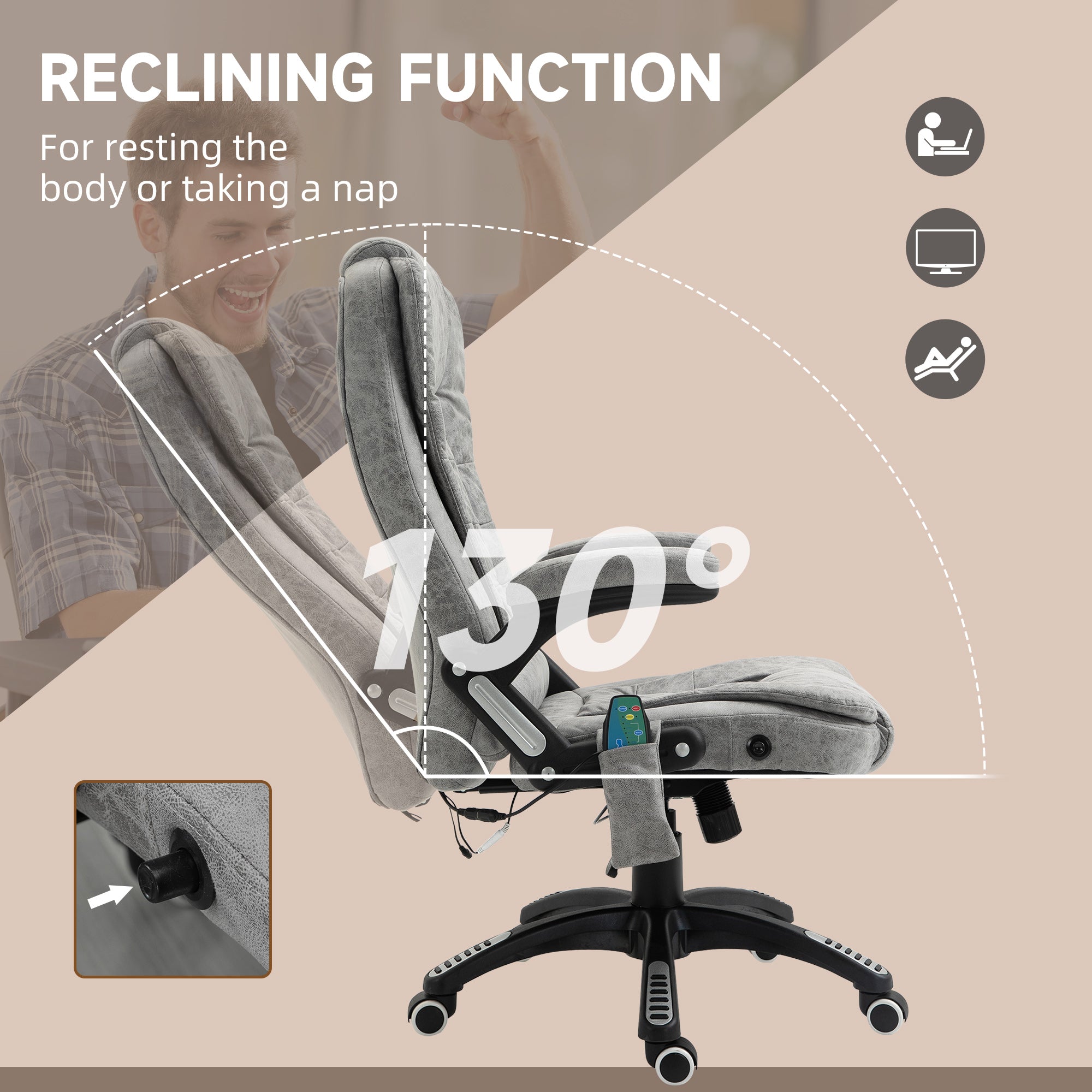 Vinsetto Massage Recliner Chair Heated Office Chair with Six Massage Points Microfiber Cloth 360\'c2\'b0 Swivel Wheels Grey