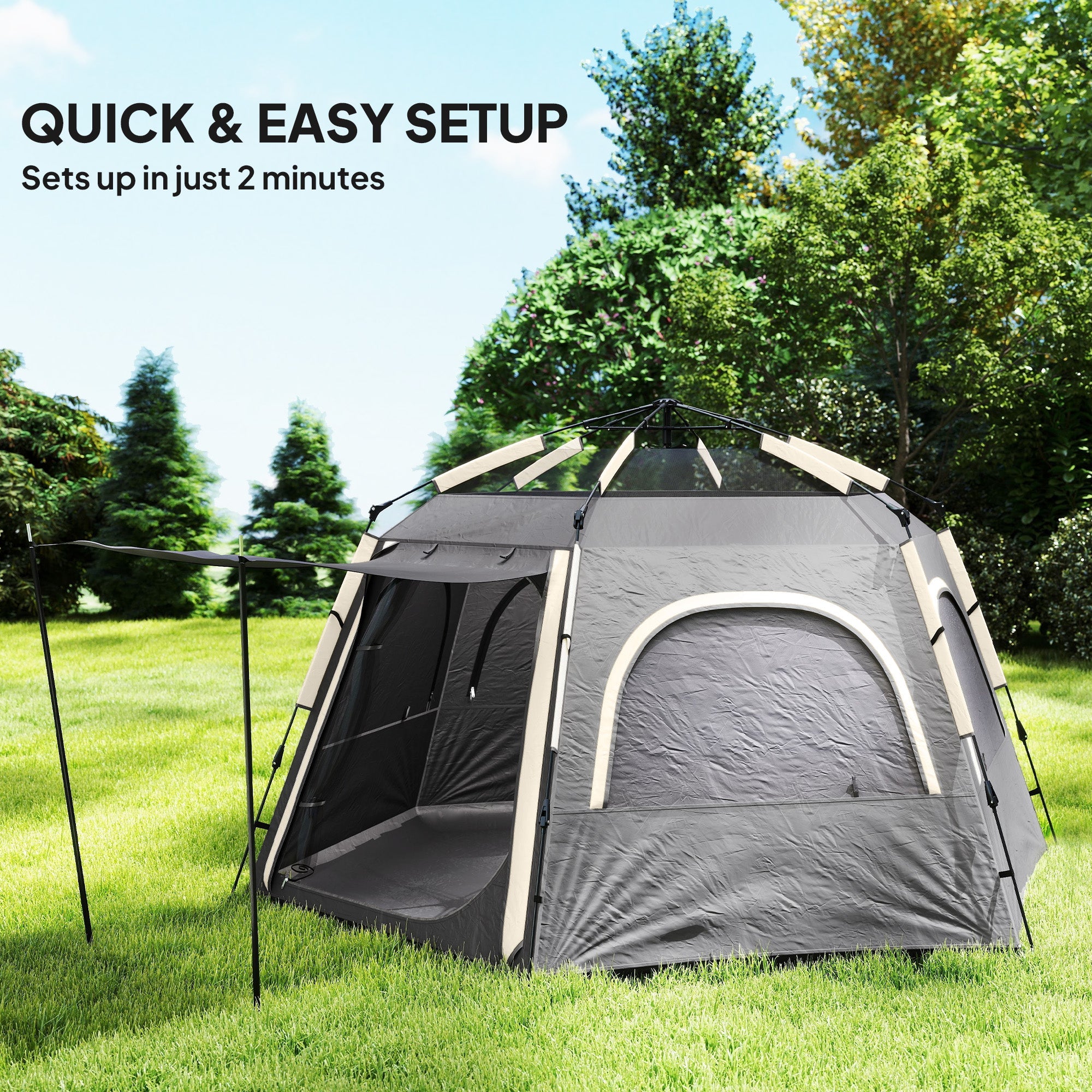Outsunny Instant Camping Tent, 2/3/4 Person Easy Setup Family Tent with Vestibule, Rainfly, 4 Mesh Windows & 2 Doors, Hexagonal Design, Waterproof UV Protected Dome Tent, Dark Grey