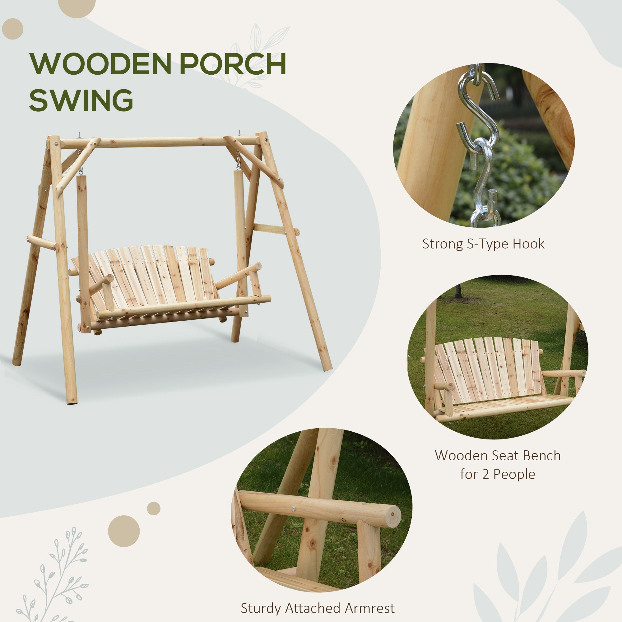 Outsunny Outdoor 2 Seater Swing Chair Larch Wood Garden Swing Seat Porch Hammock Bench Lounger