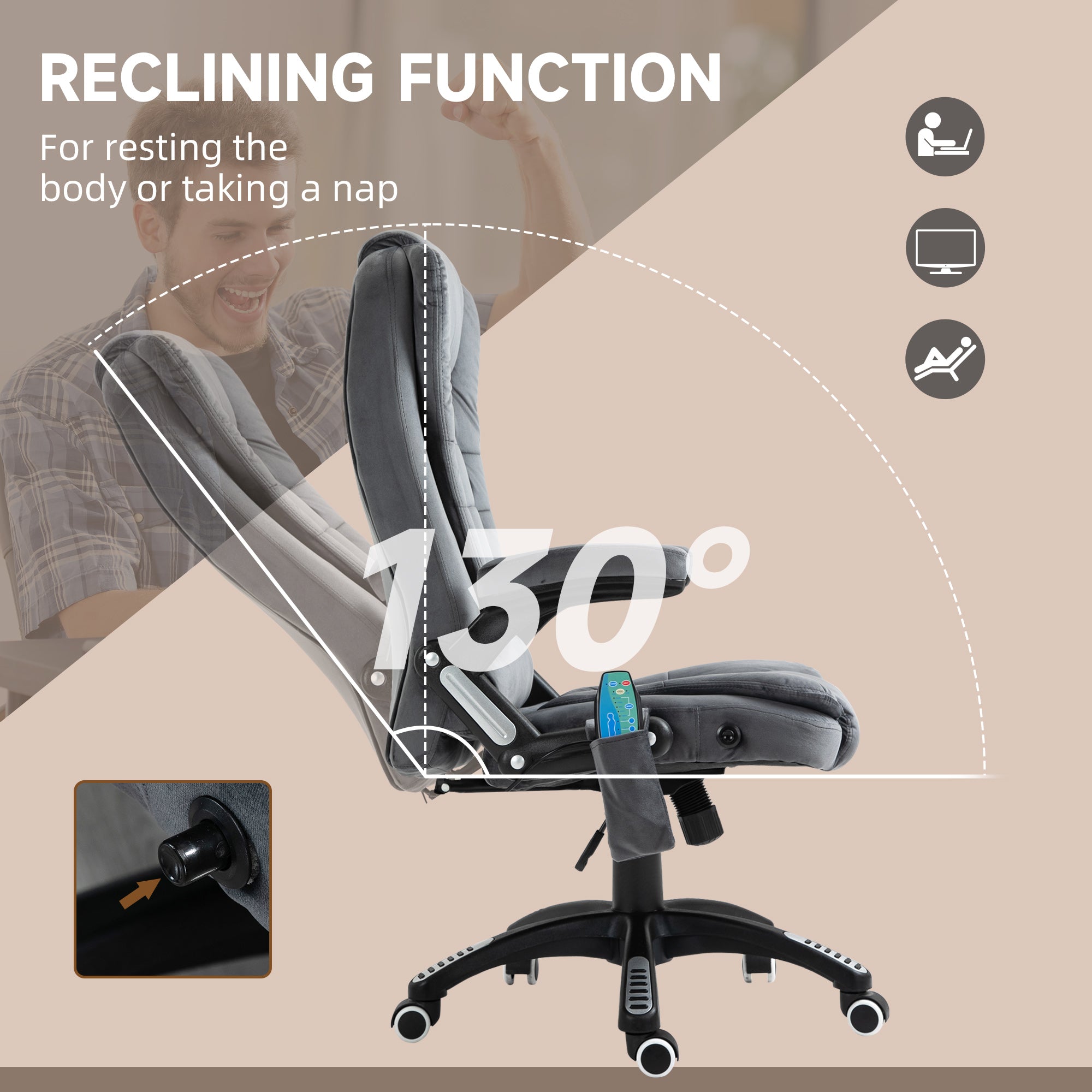 Vinsetto Massage Recliner Chair Heated Office Chair with Six Massage Points Velvet-Feel Fabric 360\'c2\'b0 Swivel Wheels Grey
