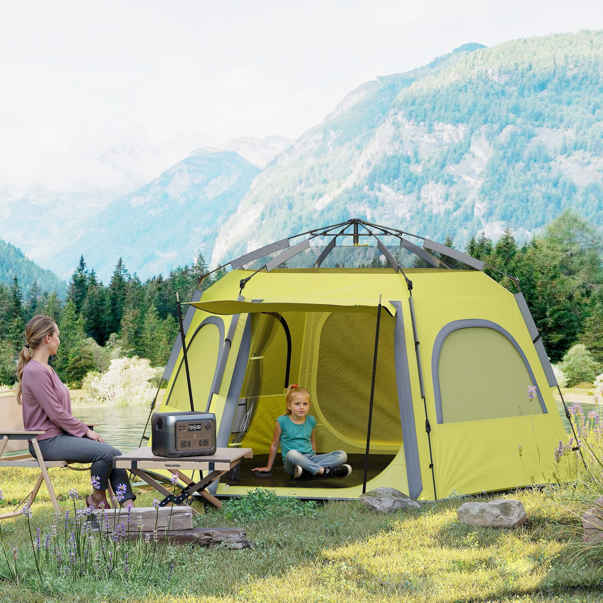 Outsunny Instant Camping Tent, 2/3/4 Person Easy Setup Family Tent with Vestibule, Rainfly, 4 Mesh Windows & 2 Doors, Hexagonal Design, Waterproof UV Protected Dome Tent, Yellow Green