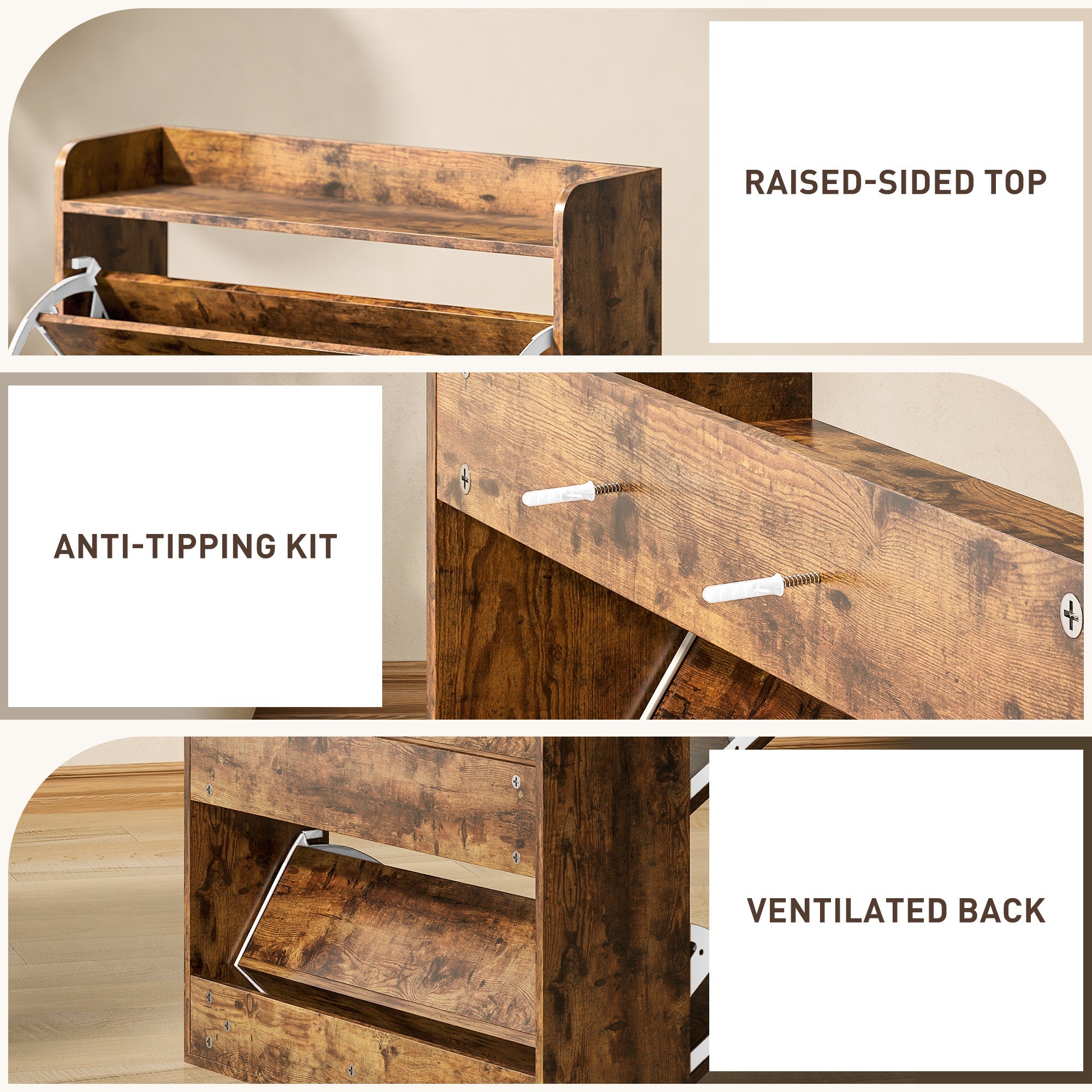 HOMCOM Two Flip Drawer Narrow Shoe Cabinet with Adjustable Shelves - Rustic Brown