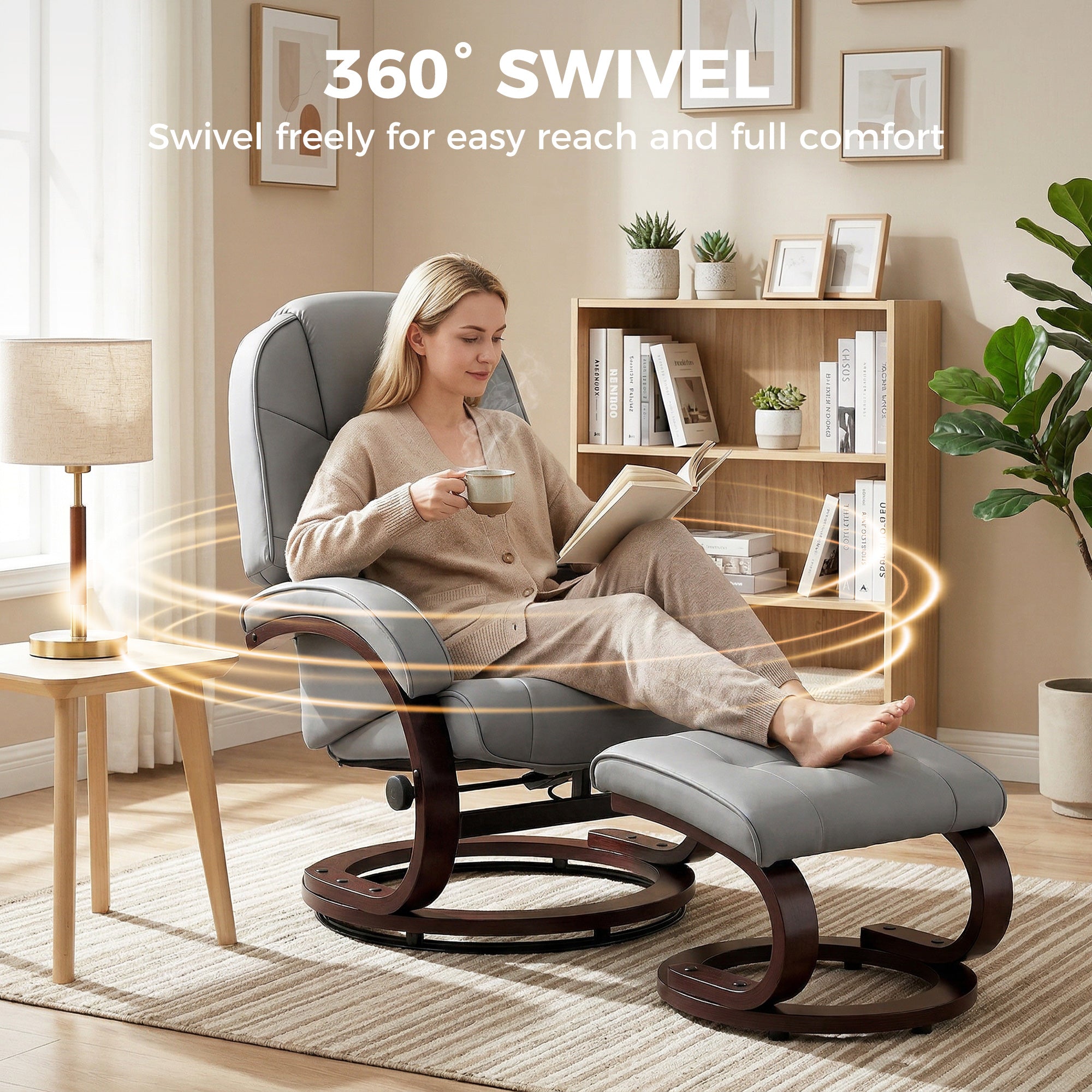 HOMCOM Swivel Recliner Chair with Footstool, PU Leather Recliner Armchair with Adjustable Back and Wood Frame, Grey