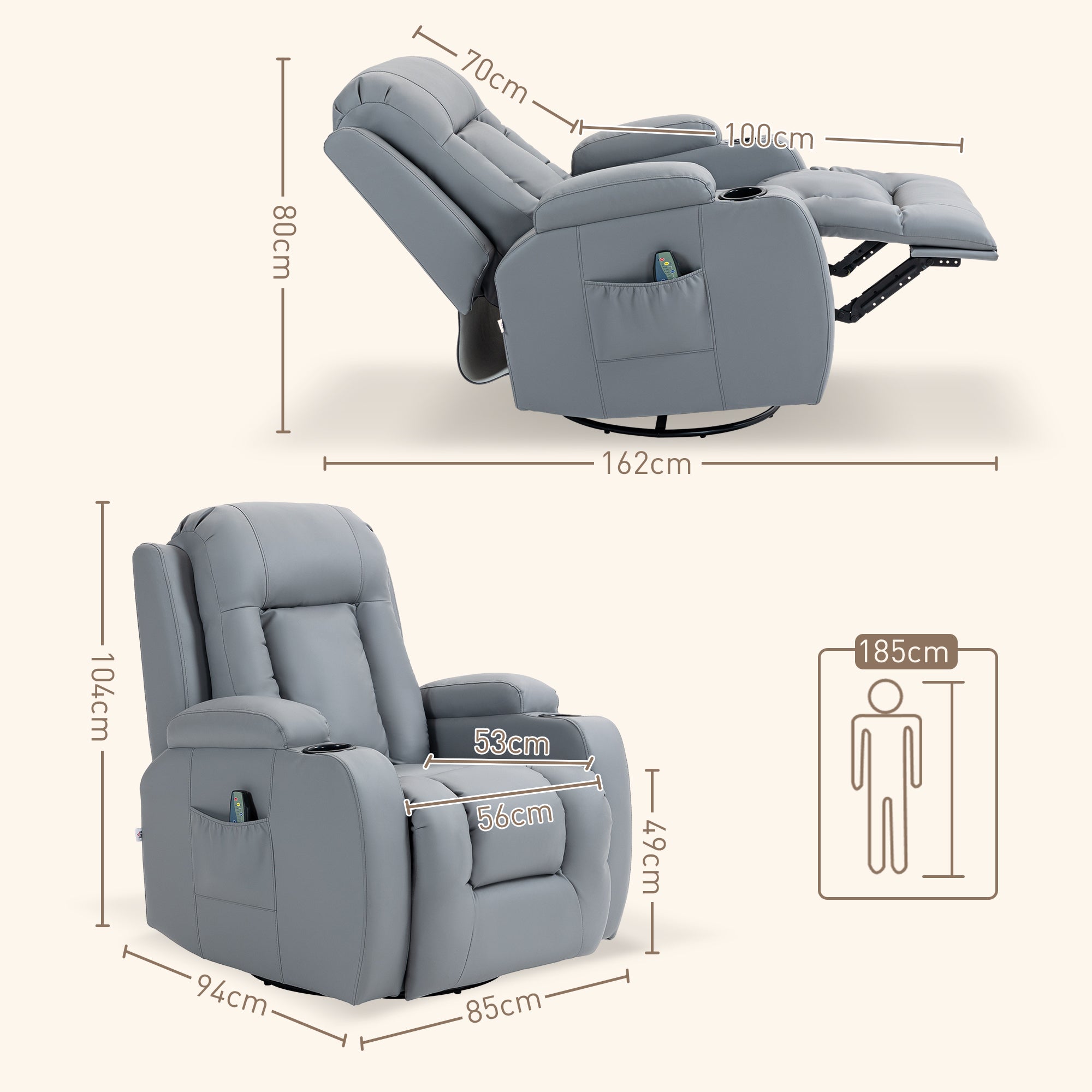 HOMCOM Massage Recliner Chair with 8 Vibration & Heat, PU Leather Recliner Armchair with Cup Holders and Side Pockets, Manual Reclining Chair with Remote, 360\'c2\'b0 Swivel, Rocking, Light Grey