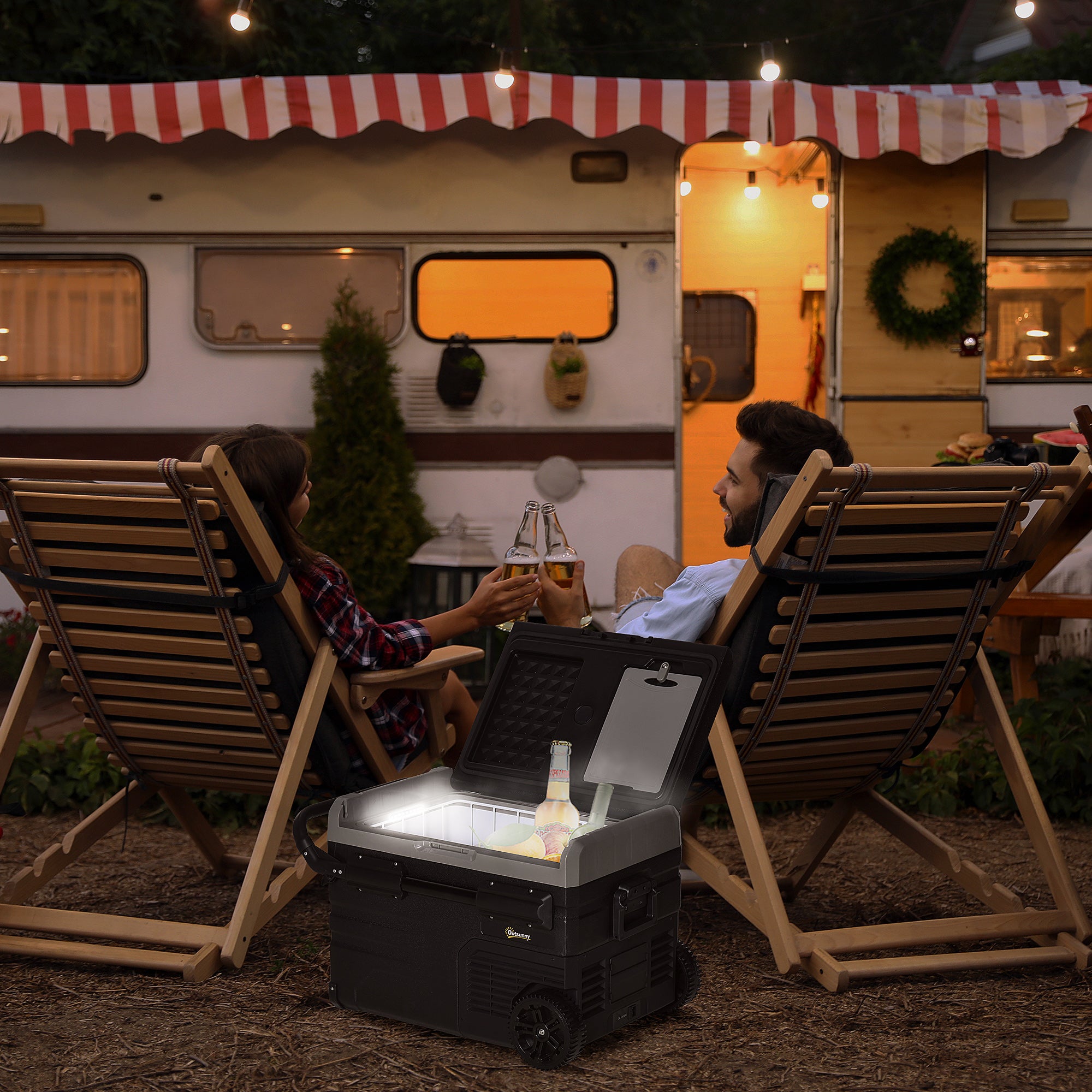 Outsunny 40L Car Refrigerator, Portable Compressor Cooler Box, Fridge Freezer w/ Inner LED Light, Foldable Handles, Cup Holders, 12/24V DC and 110-240V AC for Campervan RV Boat Travel Down to -20\'e2\'84\'83