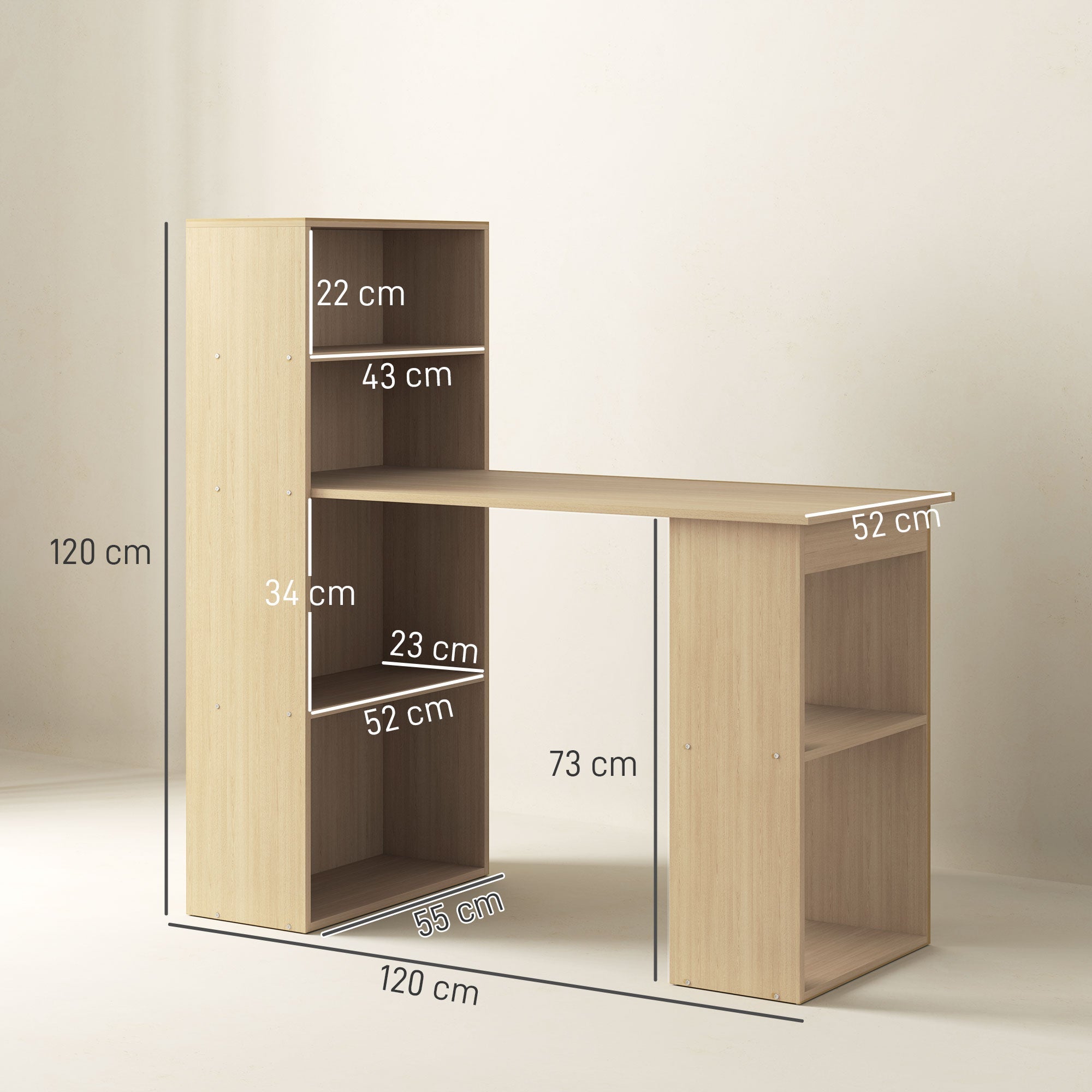 HOMCOM 120cm Modern Computer Desk Bookshelf Study Table Workstation PC Laptop Writing Home Office 6 Shelves, Natural Wood Finish