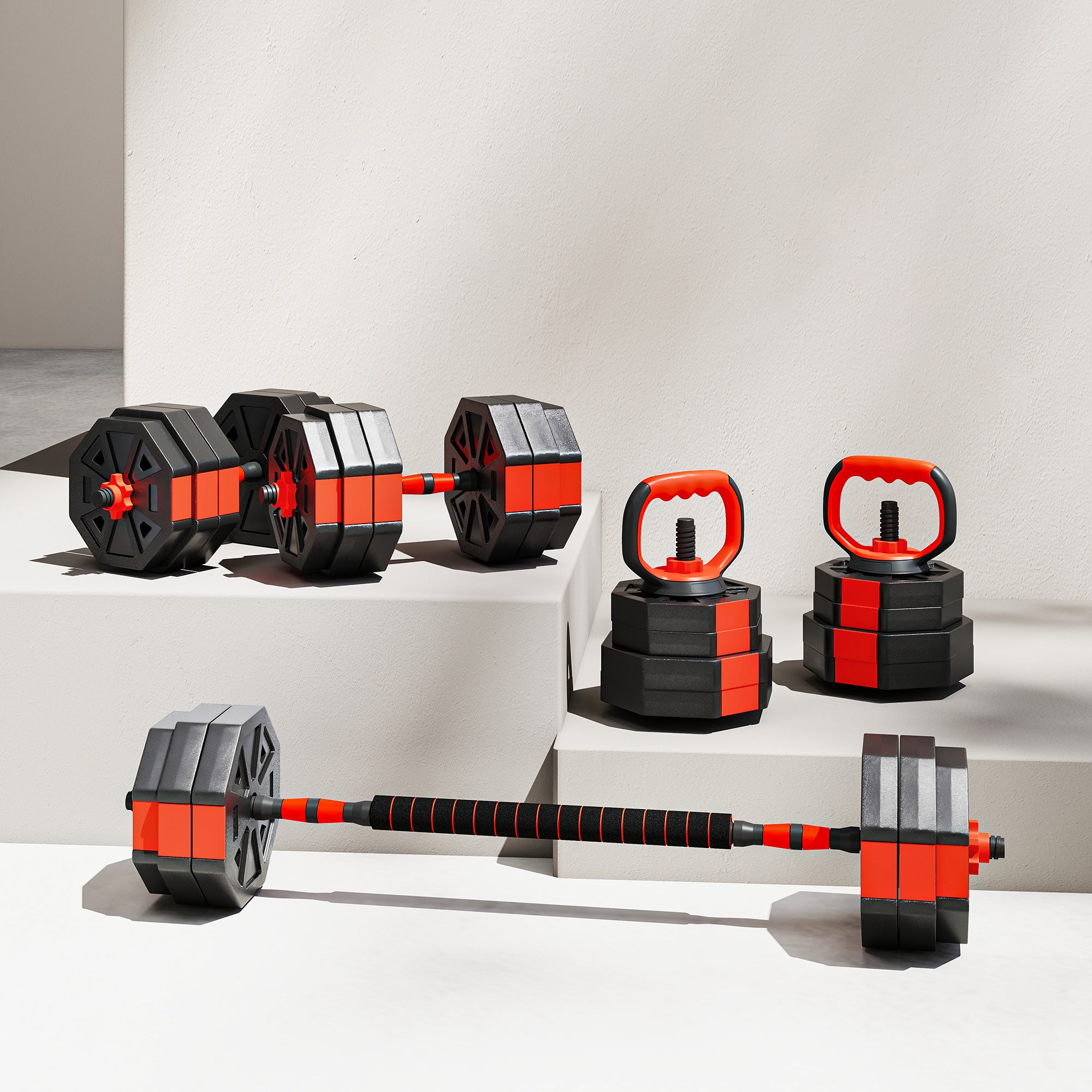SPORTNOW 6-in-1 Adjustable Weight Dumbbells Set, Used as Kettlebell, Barbell, Dumbbell, Push-Up Stand, 30kg Free Weights Set for Men and Women Home Gym Training, Red