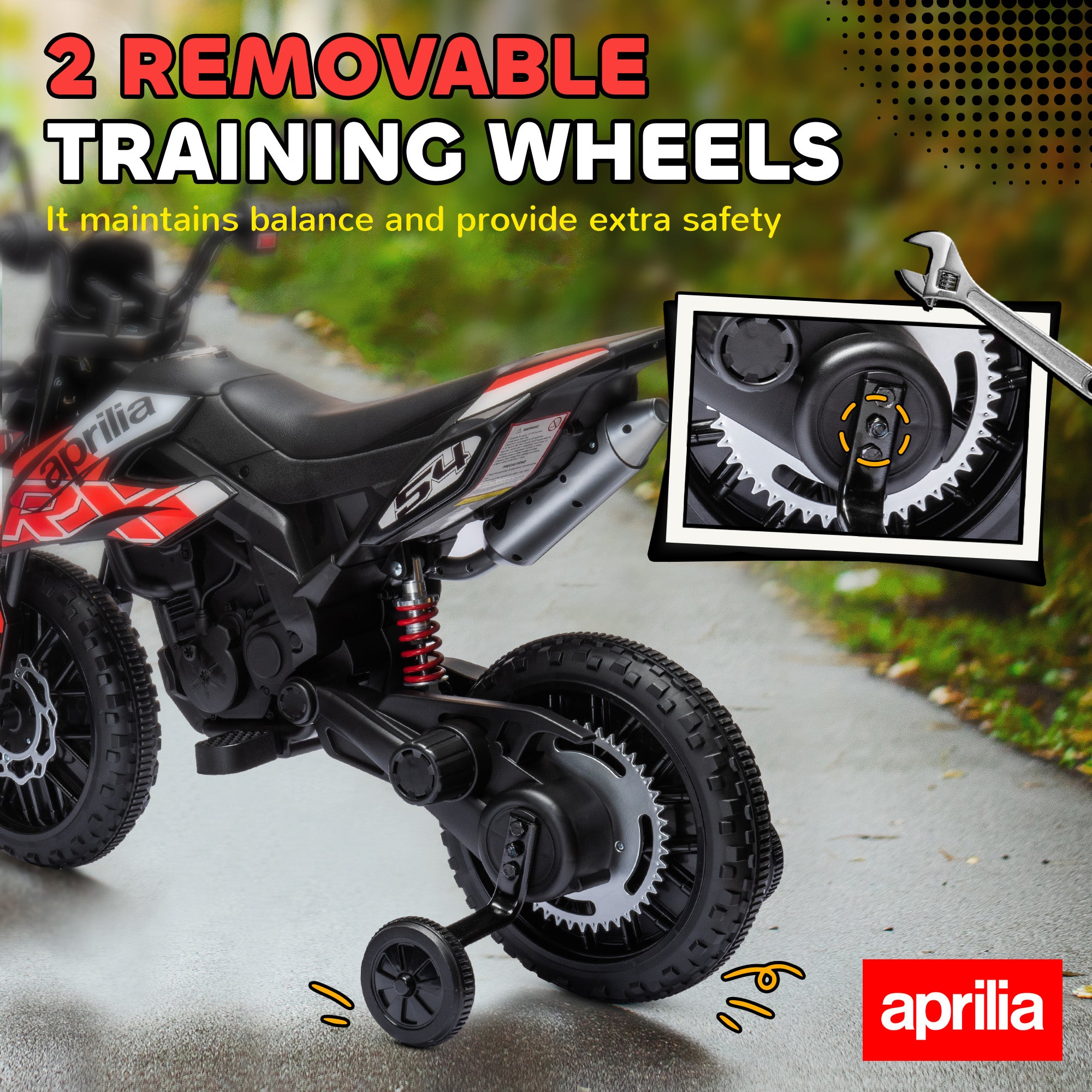 AIYAPLAY 12V Aprilia Licenced Kids Motorbike with Training Wheels, Spring Suspension, LED Light, USB, Music, Red