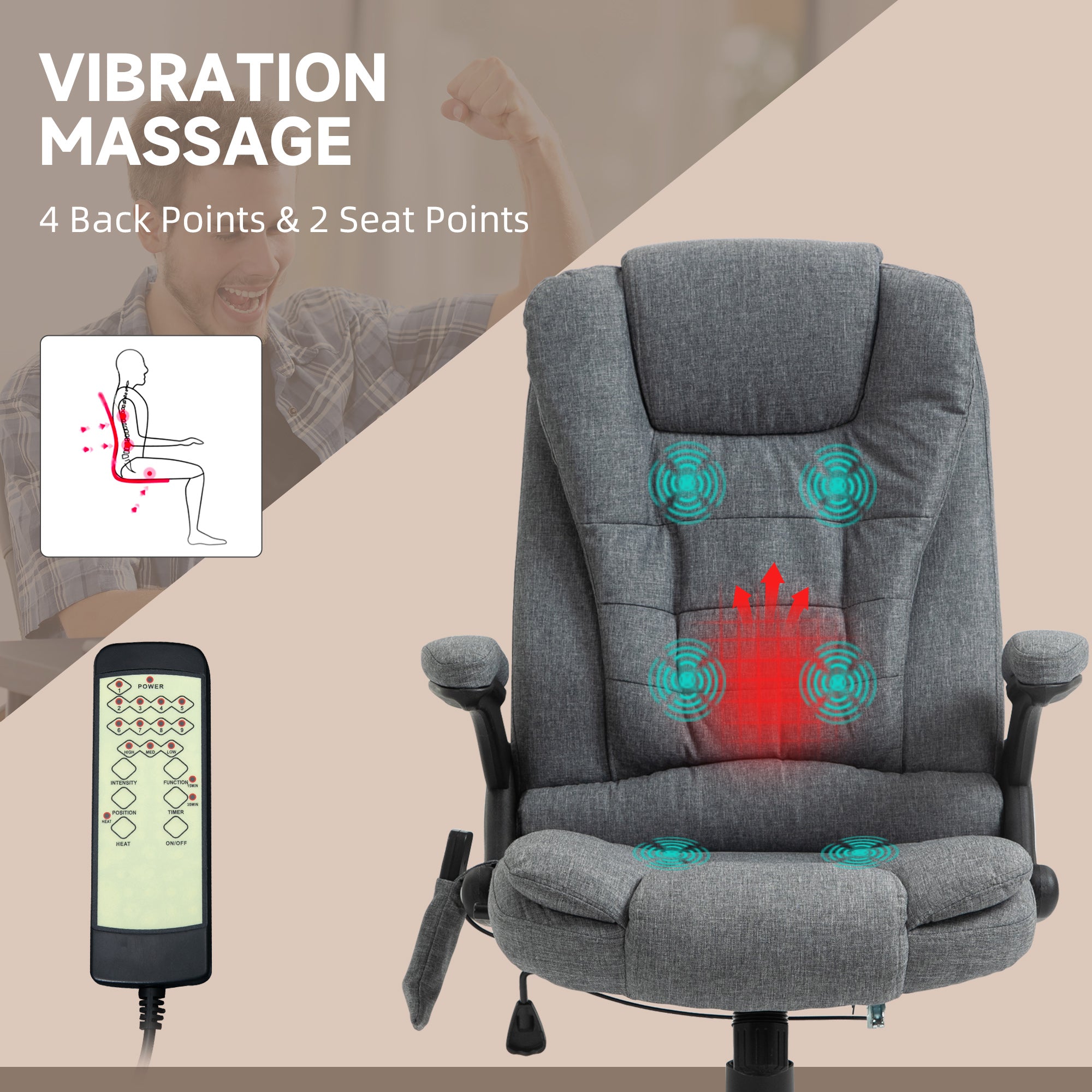 Vinsetto Massage Recliner Chair Heated Office Chair with Six Massage Points Linen-Feel Fabric 360\'c2\'b0 Swivel Wheels Grey