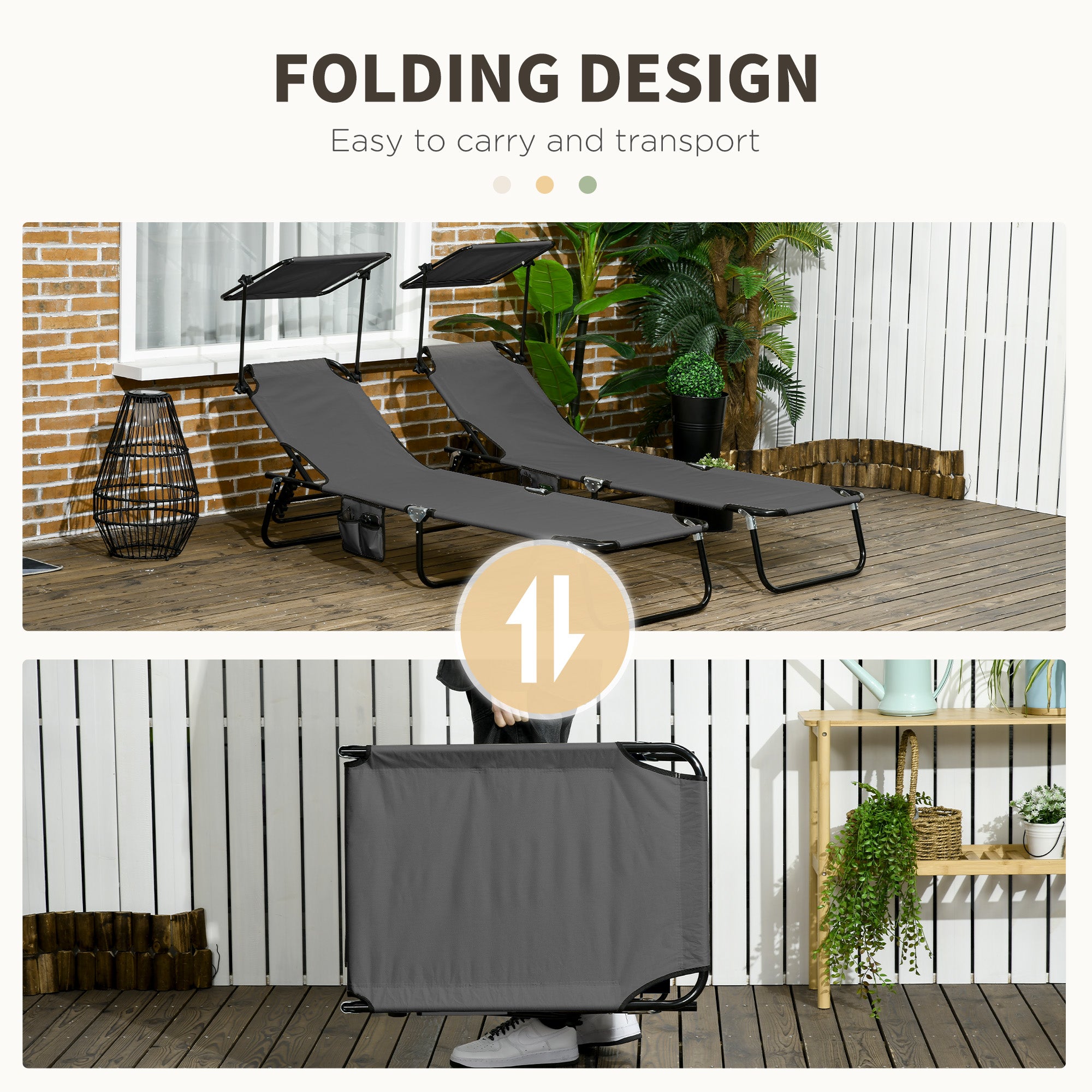 Outsunny 2 Piece Folding Sun Loungers with Canopy, Adjustable Recliner Garden Chairs with Side Pocket, Steel Frame and Breathable Mesh for Outdoor, Pool, Beach, Garden, Dark Grey