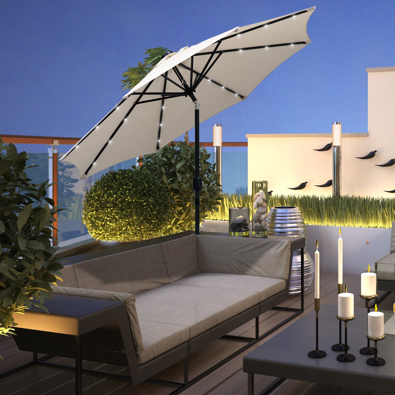 Outsunny 2.7m Patio Garden Umbrella Outdoor Parasol with Tilt Crank and 24 LEDs Lights (Cream)