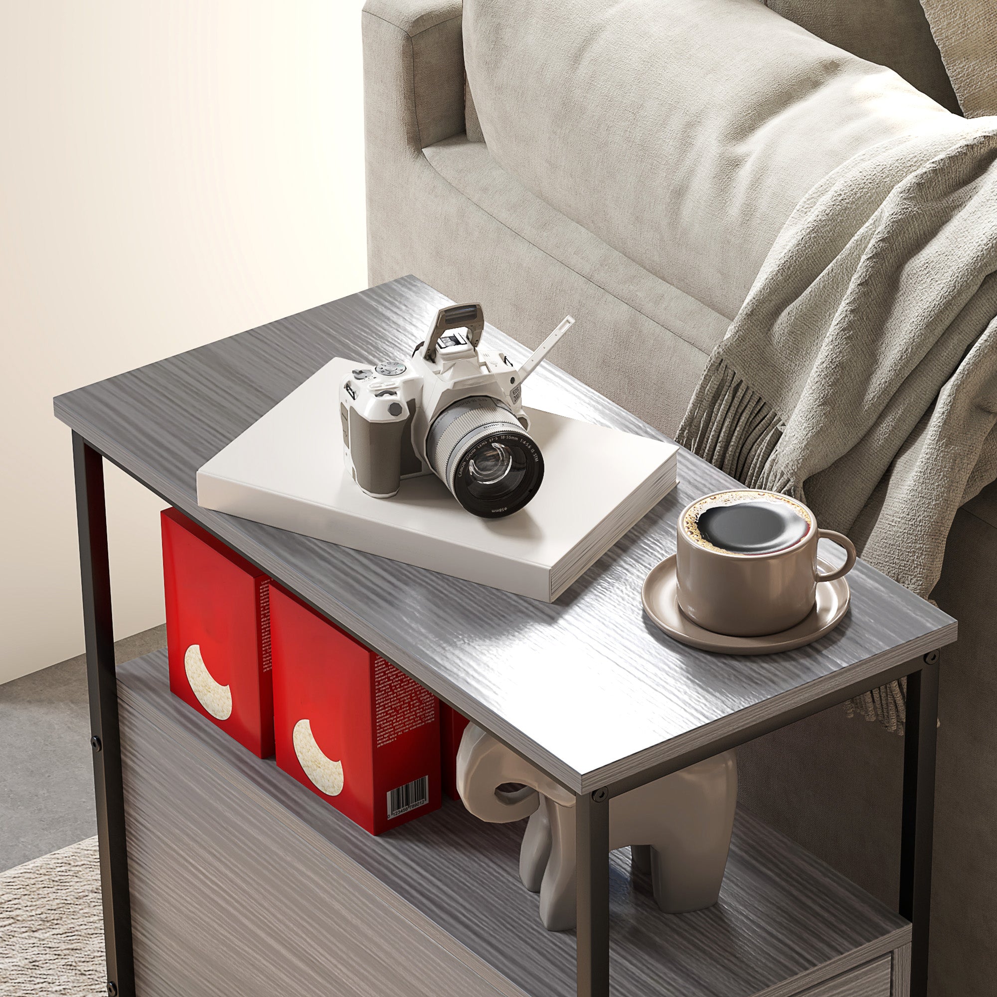 HOMCOM Side Table, Narrow Bedside Table with 2 Drawers and Storage Shelf, Industrial End Table with Metal Frame for Small Spaces, Grey Wood Grain