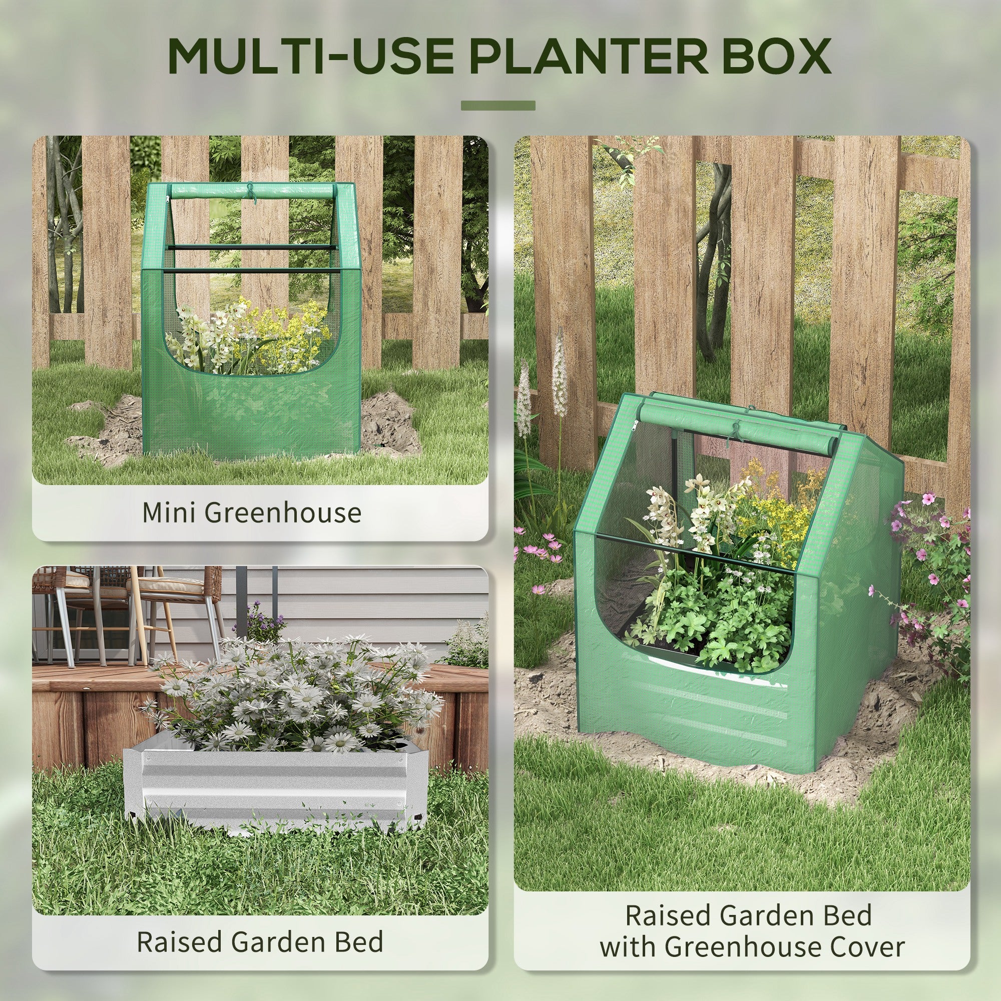 Outsunny 61 x 61cm Garden Planter Bed, with Cover - Green and Silver