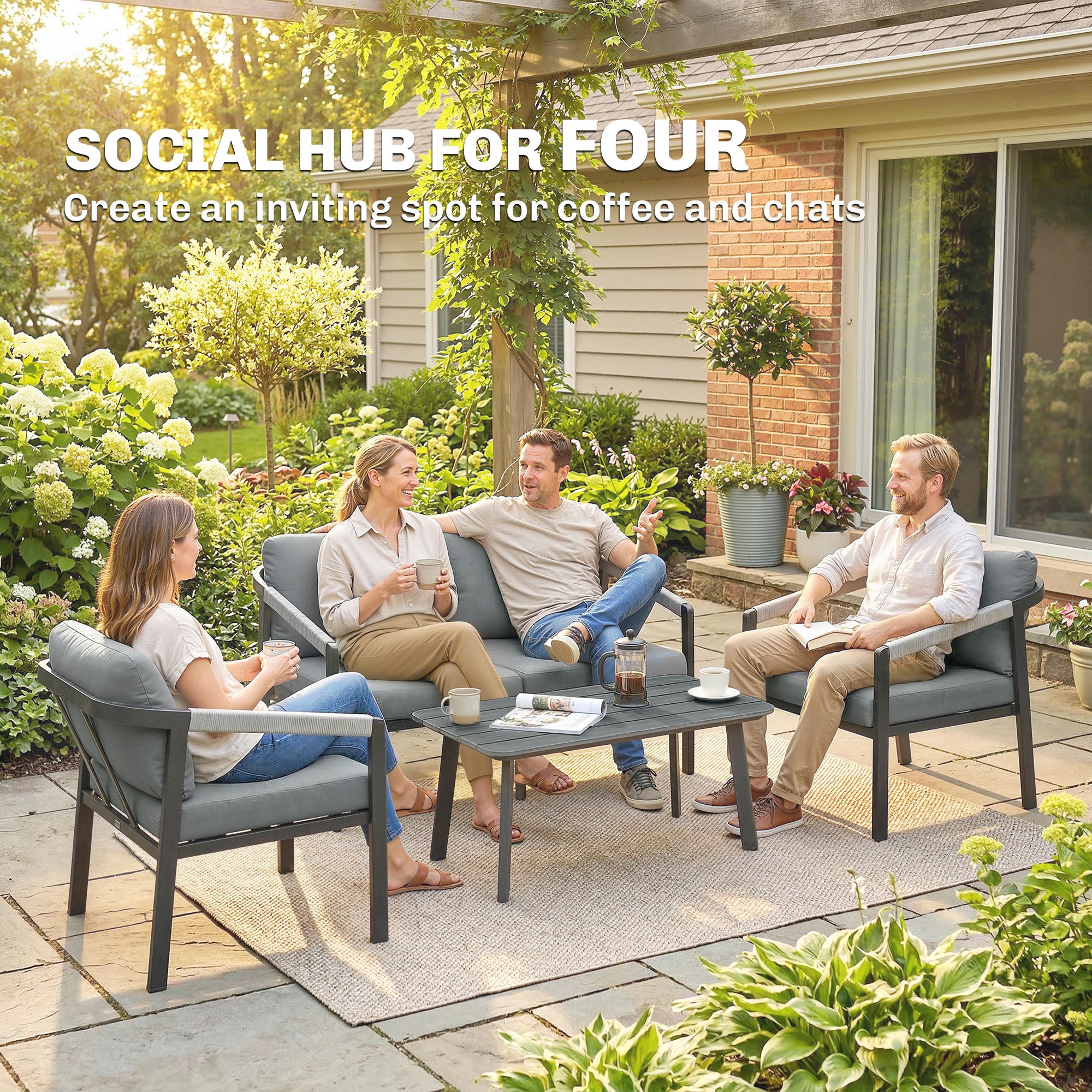 Outsunny Aluminium Garden Furniture Set, 4 Seater Outdoor Patio Furniture with Loveseat, 2 Armchairs, Slatted Table