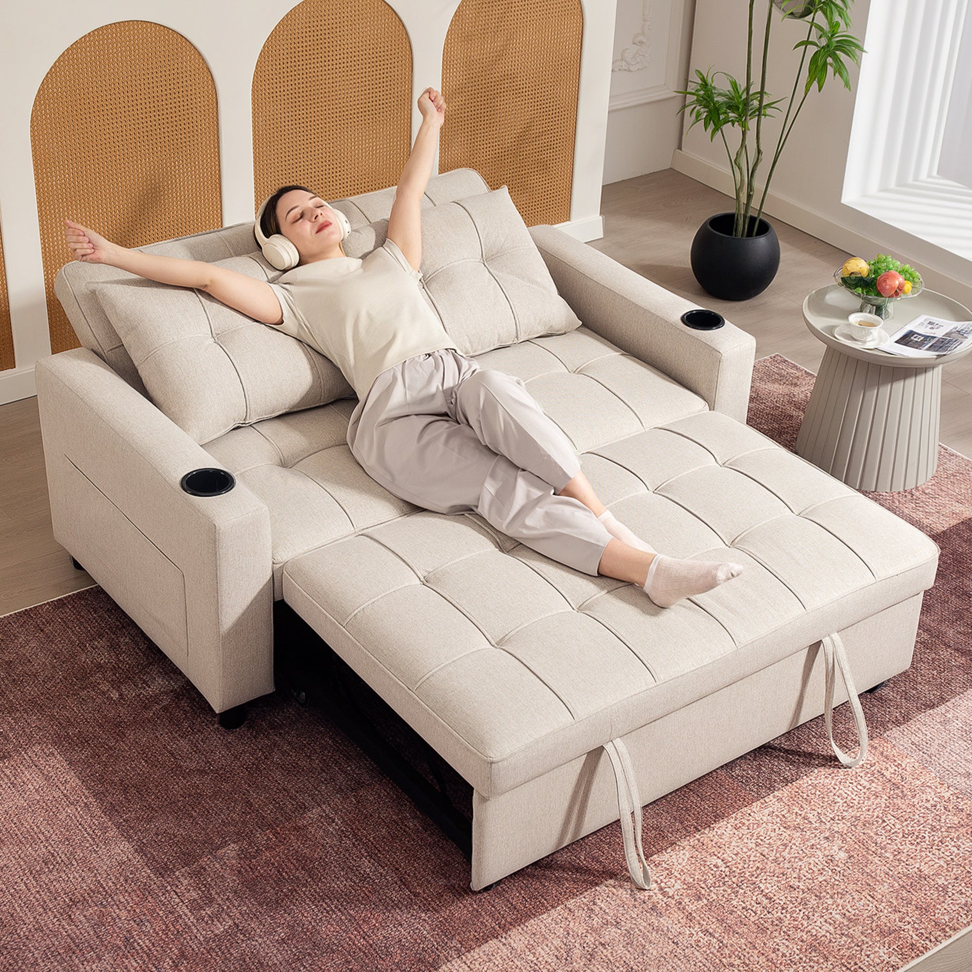 HOMCOM Two-Seater Pull-Out Sofa Bed - Beige