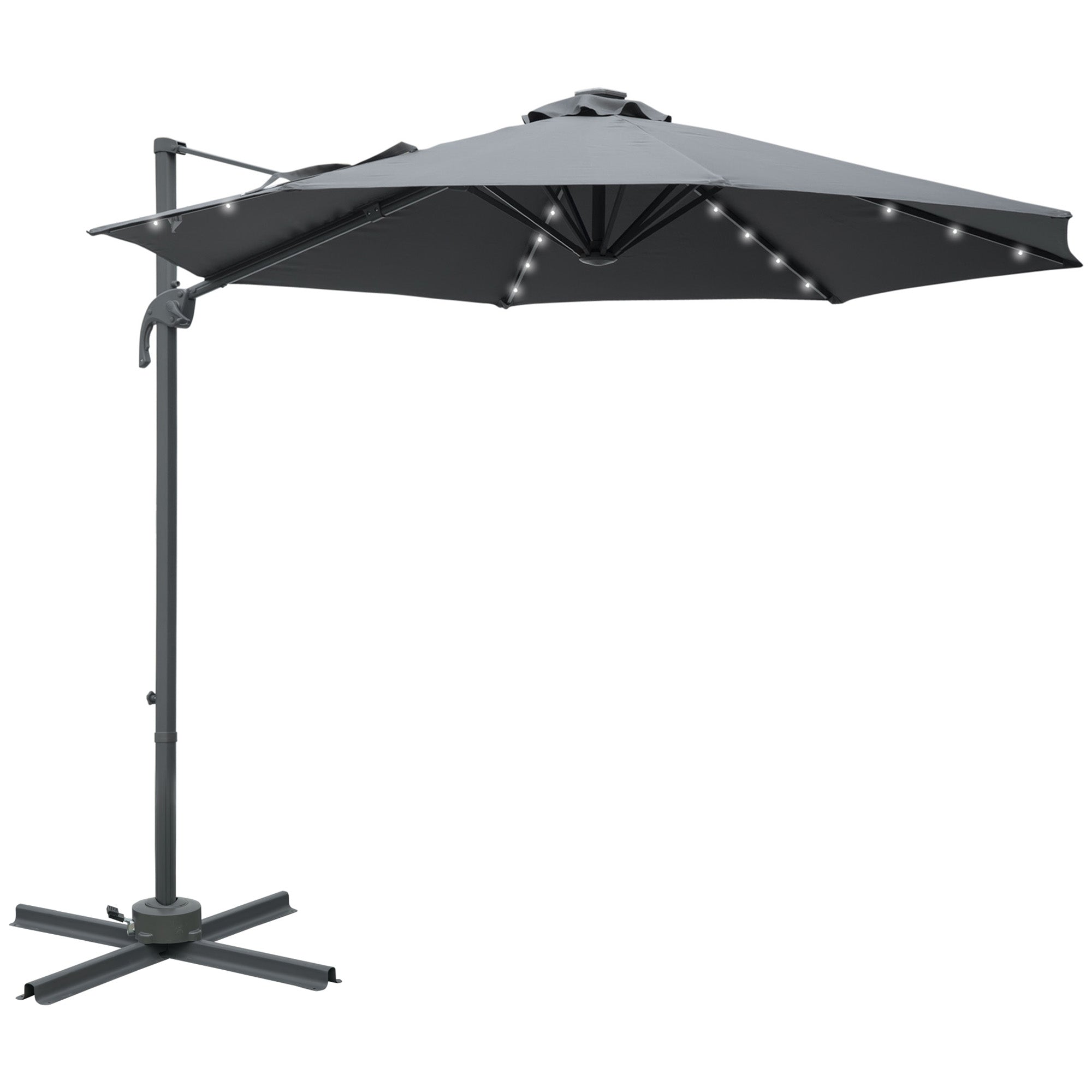 Outsunny 3(m) Cantilever Roma Parasol Patio Sun Umbrella with Crank & Tilt LED Solar Light Cross Base 360\'c2\'b0 Rotating Outdoor, Dark Grey