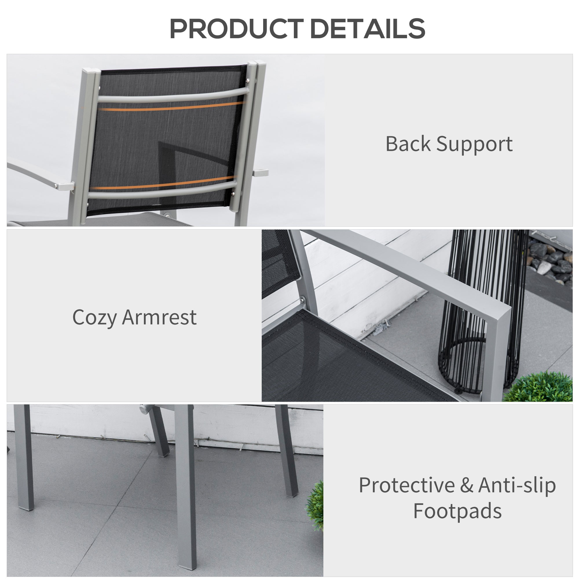 Outsunny Garden Chairs Set Of 2 Outdoor Chairs with Steel Frame Texteline Seats for Dining Patio Balcony Grey and Black