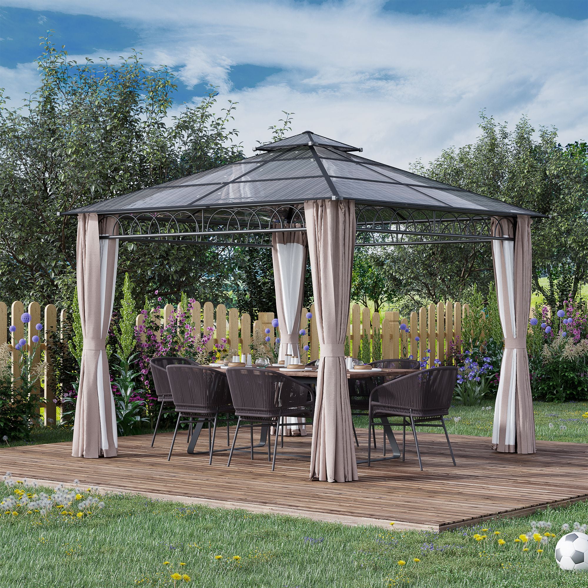 Outsunny 3 x 3 (m) Outdoor Polycarbonate Gazebo, Double\'c2\'a0Roof Hard Top Gazebo with\'c2\'a0Galvanised Steel Frame, Nettings\'c2\'a0&\'c2\'a0Curtains for Garden, Lawn, Patio and Deck, Khaki