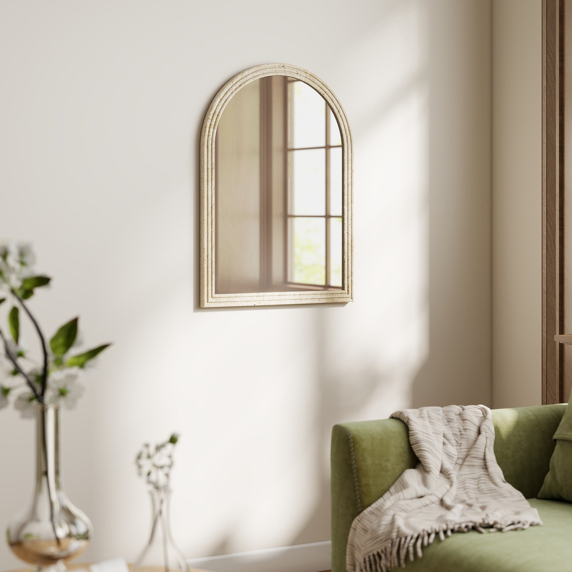 HOMCOM Arched Wall Mirror with Grooved Edge & Hooks, Wall-Mounted Mirror, Modern Tempered Glass & Polystyrene Beige