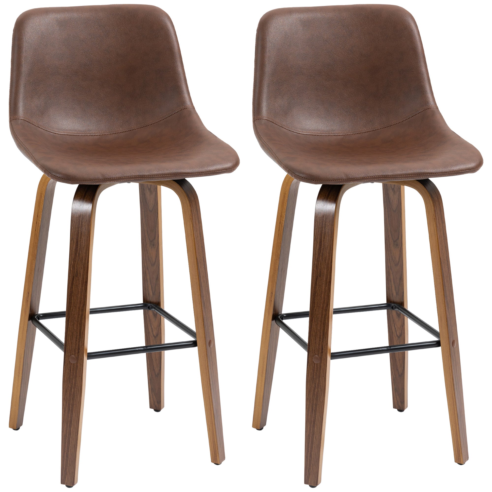 HOMCOM Bar Stools Set of 2, Breakfast Bar Chairs, PU Leather Upholstered Kitchen Stools with Backs and Wood Legs, Brown