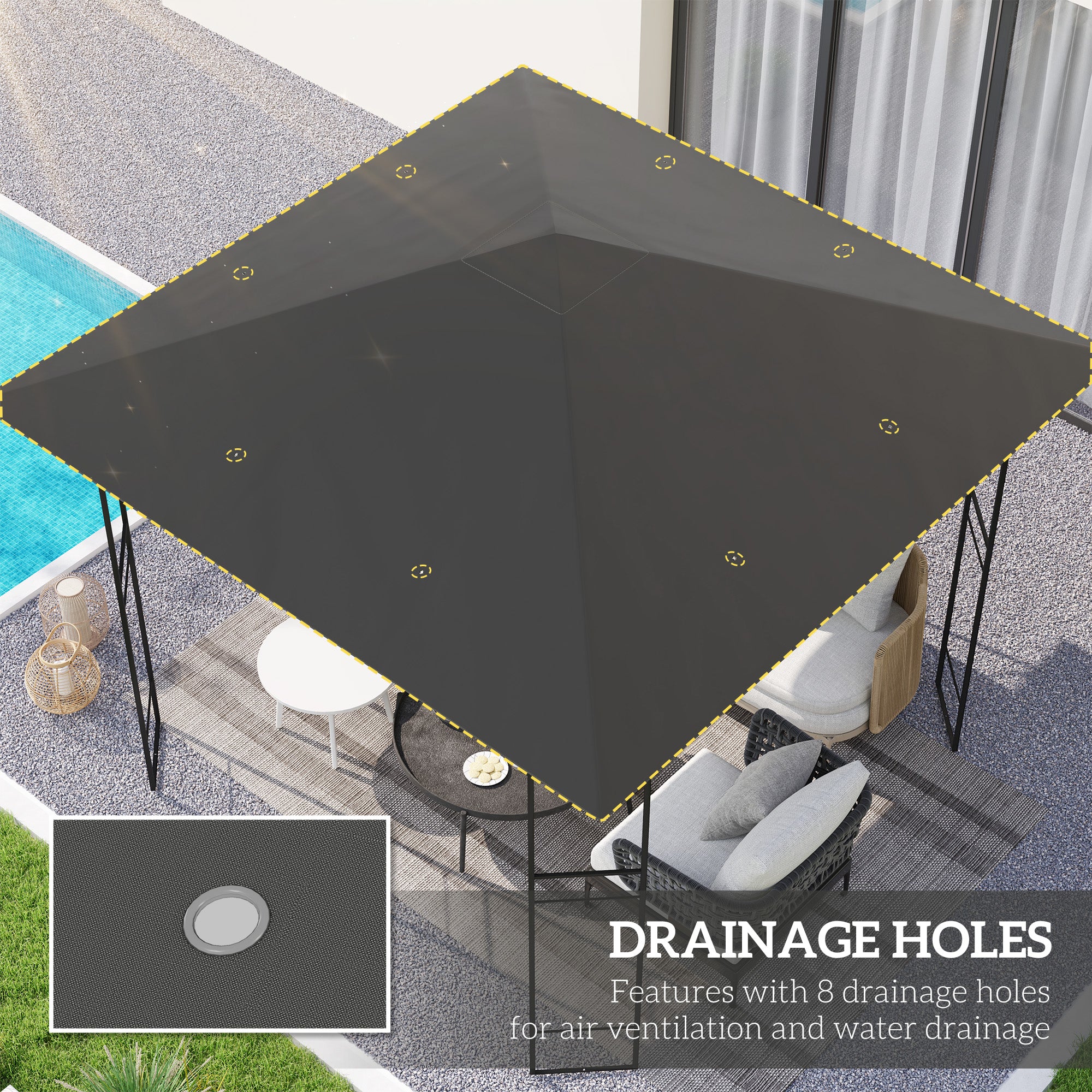 Outsunny 3 x 3(m) Gazebo Canopy Replacement Cover, Garden Gazebo Roof Replacement with Drain Holes, Water Resistant PVC Coating, 370g/\'e3\'8e\'a1, UPF30+, TOP COVER ONLY, Grey