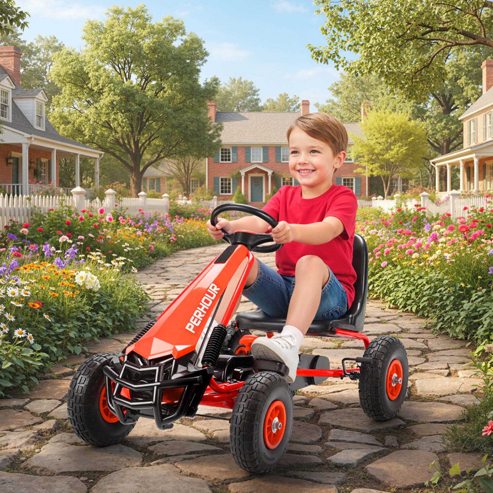 AIYAPLAY Kids Pedal Go Kart with Adjustable Seat, EVA Tyres, Manual Clutch, Brake, Go Kart for Kids 3-8 Years, Red